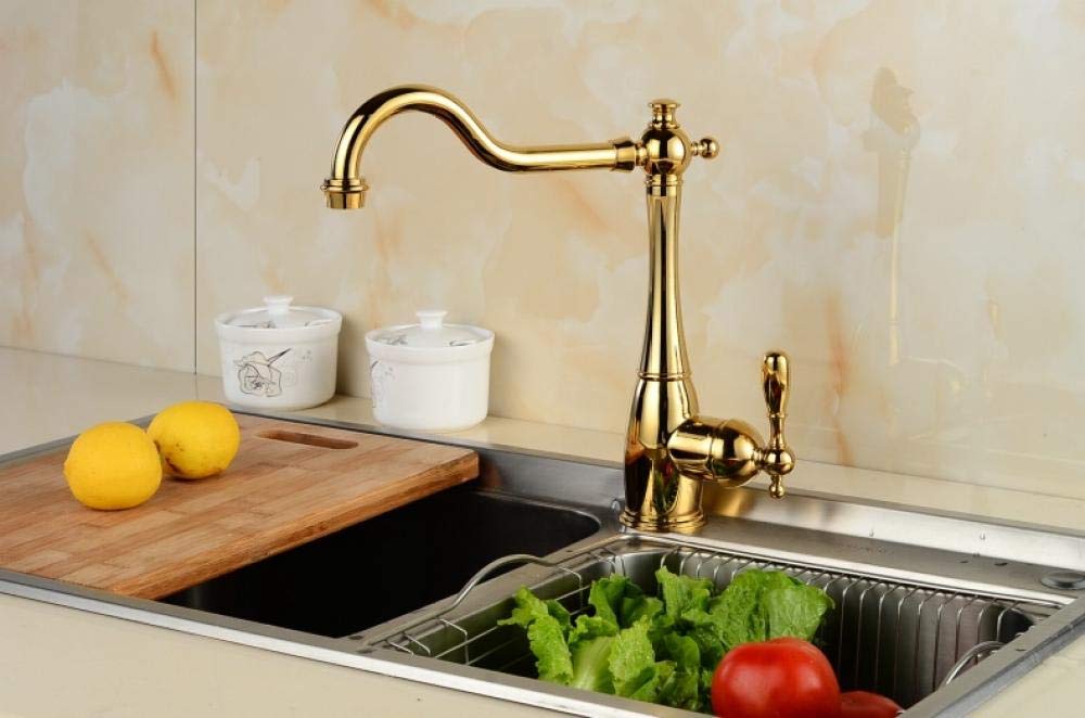 Gold Plated Single Handle Kitchen Sink Faucet - 360° Swivel Deck Mount Mixer Tap with Hot & Cold Water - Perfect for Modern Homes & Restaurant Use
