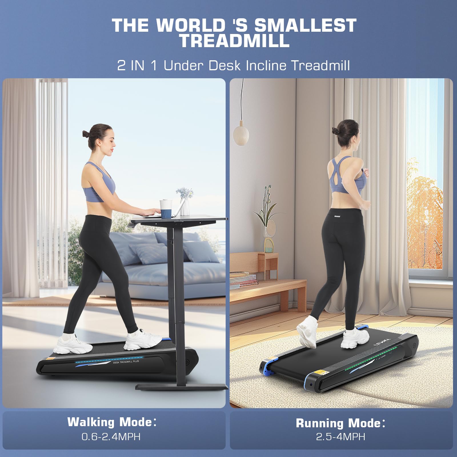 FUNMILY Under Desk Treadmill - 2.5HP Compact Walking Pad with 5% Incline, 300lbs Weight Capacity & Remote Control - Space-Saving Home Office Treadmill with LED Lighting for Walking Workouts & Small Spaces