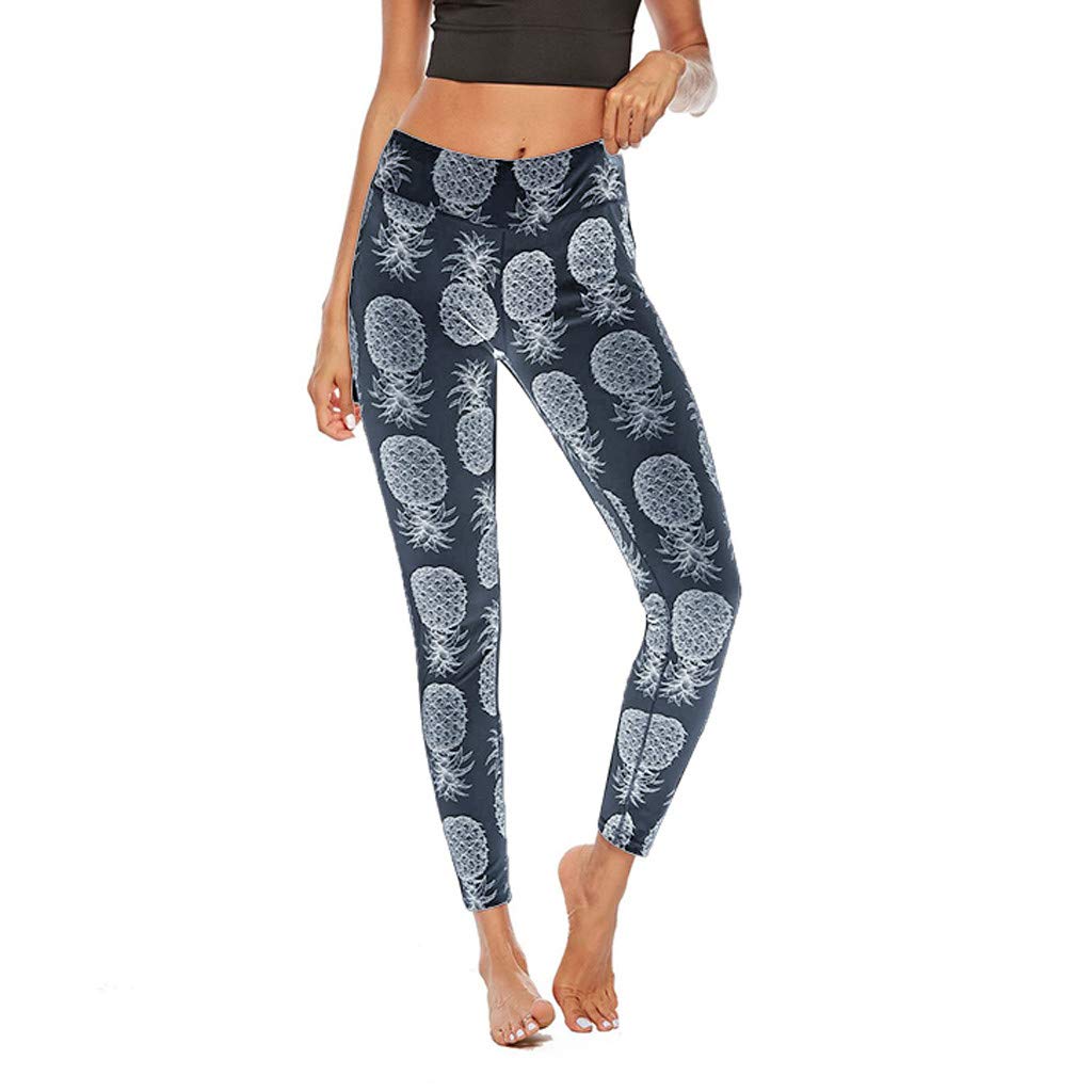 OVERDOES Women's Retro Pineapple Print High Waisted Yoga Pants - Stretchy Workout Leggings for Running, Fitness & Gym - Trendy Blue Athletic Wear for Women's Active Lifestyle