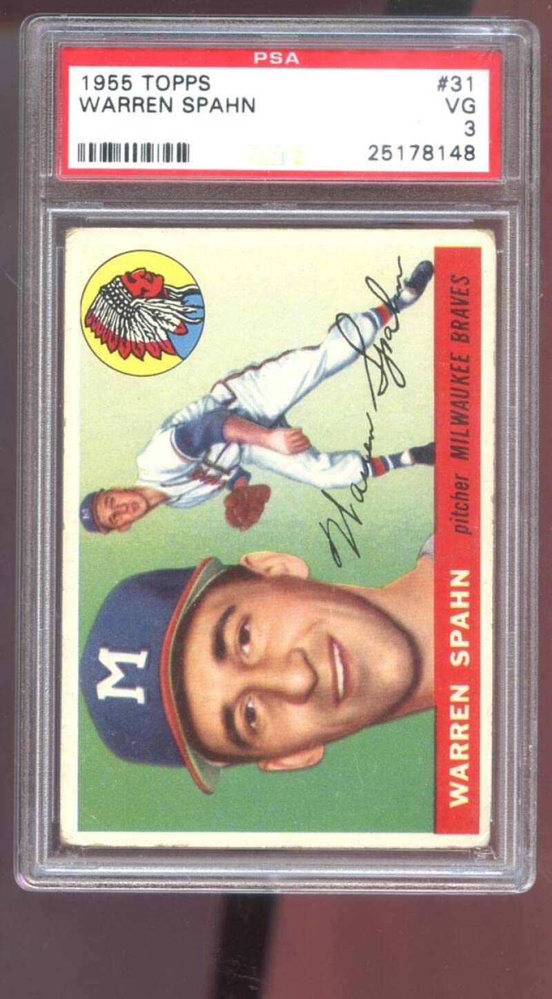 1955 Topps #31 Warren Spahn PSA 3 Graded Baseball Card - MLB Milwaukee Braves HOF Pitcher - Vintage Sports Collectible for Display & Investment