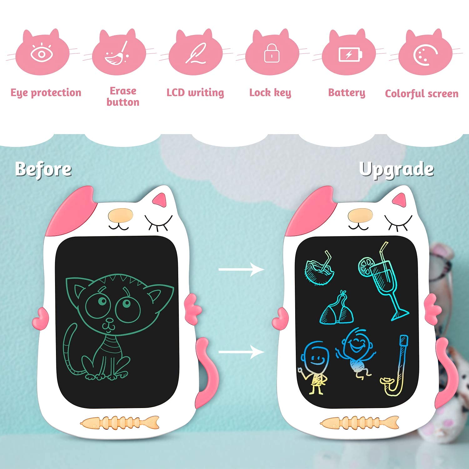 Bravokids 10 Inch LCD Writing Tablet & 8.5 Inch Cat Doodle Board - Educational Drawing Toys for 3-6 Year Old Girls & Boys | Perfect Toddler Gifts for Birthday, Travel & Classroom Learning Activities