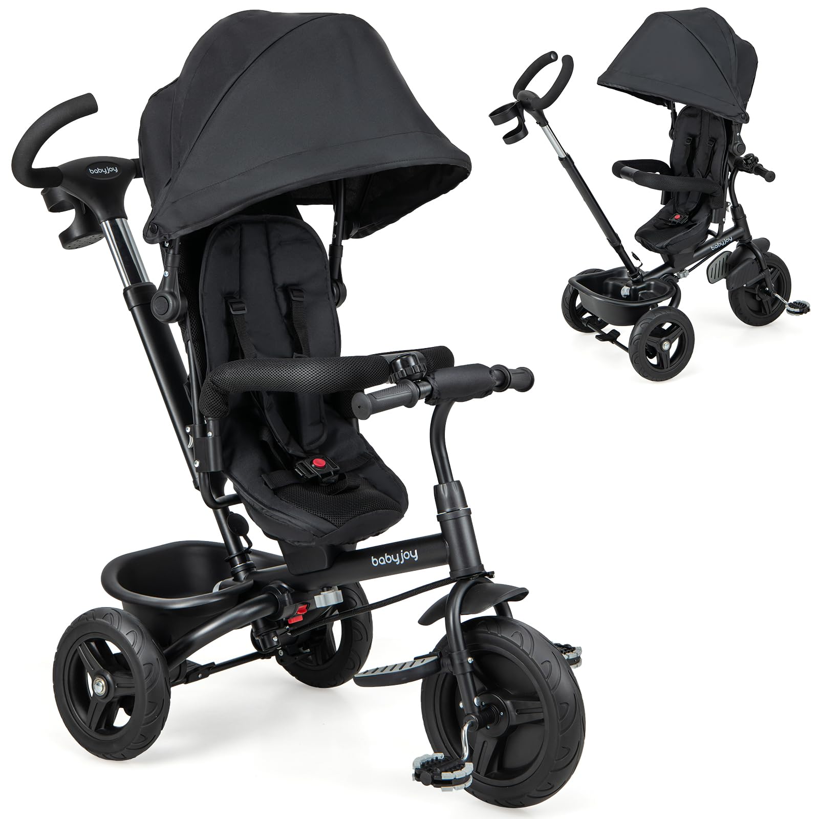 BABY JOY 6-in-1 Convertible Toddler Tricycle with Reversible Seat, Adjustable Canopy & Parent Push Handle - 5-Point Safety Harness, PU Wheels & Storage Basket - Ride-On Push Bike for Kids 9-60 Months (Black) - Perfect for Outdoor Play, Park Rides & Learning to Cycle