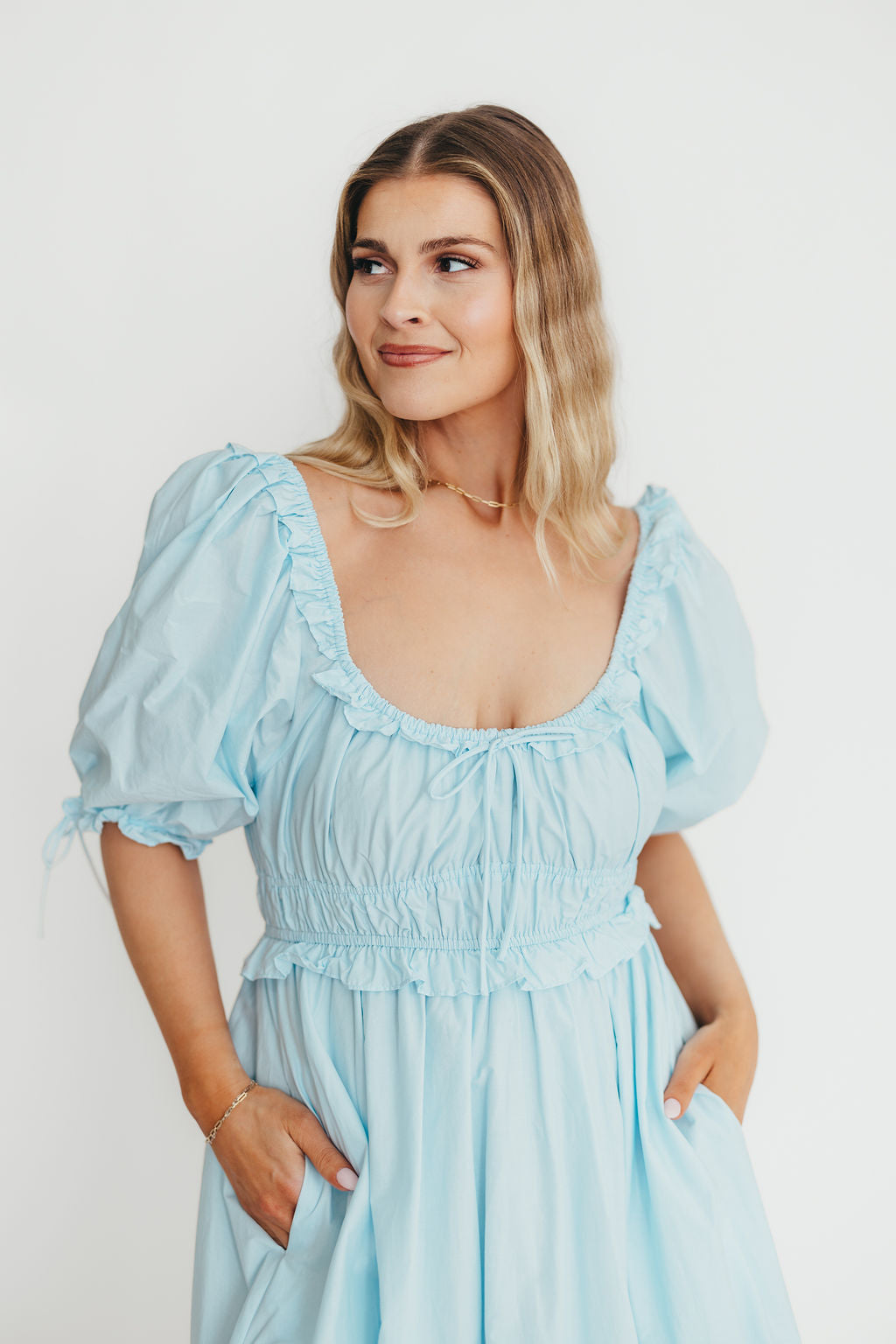 100% Cotton Crissy Ruched Midi Dress - Baby Blue Maternity Dress for Pregnancy | Bump Friendly & Comfortable | Perfect for Baby Showers, Maternity Photos & Everyday Wear