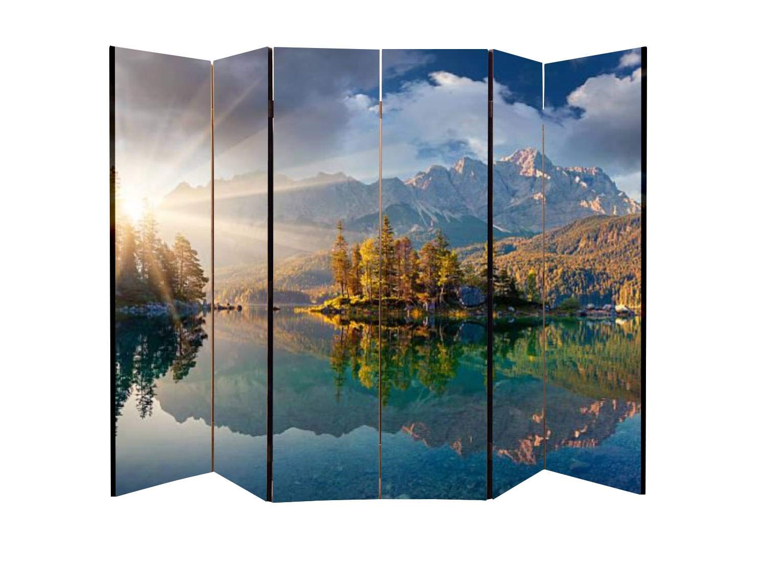 6-Panel Wooden Room Divider with Misty Summer Morning Eibsee Lake Canvas Print - German Alps Landscape Folding Screen for Privacy, Home Decor & Indoor Partition - Perfect for Living Rooms, Bedrooms & Office Spaces