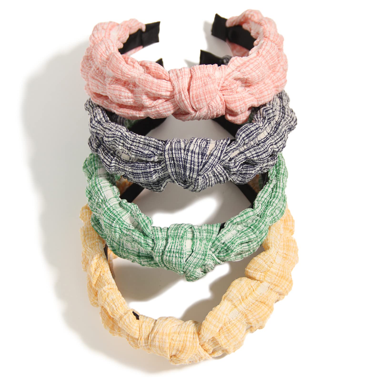 4pcs Women's Fashion Plaid Pattern Furling Pompoms Top Knot Headbands - Non-Slip Wide Turban Hair Bands for Girls & Women | Perfect for Workouts, Yoga, Parties & Everyday Styling