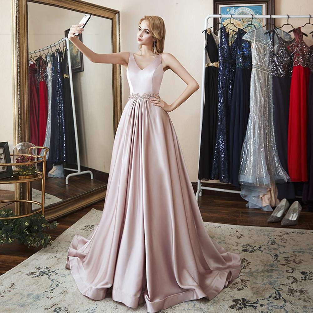 Elegant Women's Red V-Neck Formal Evening Dress with Open Back & Crystal Belt - Perfect for Prom, Gala, and Special Occasions
