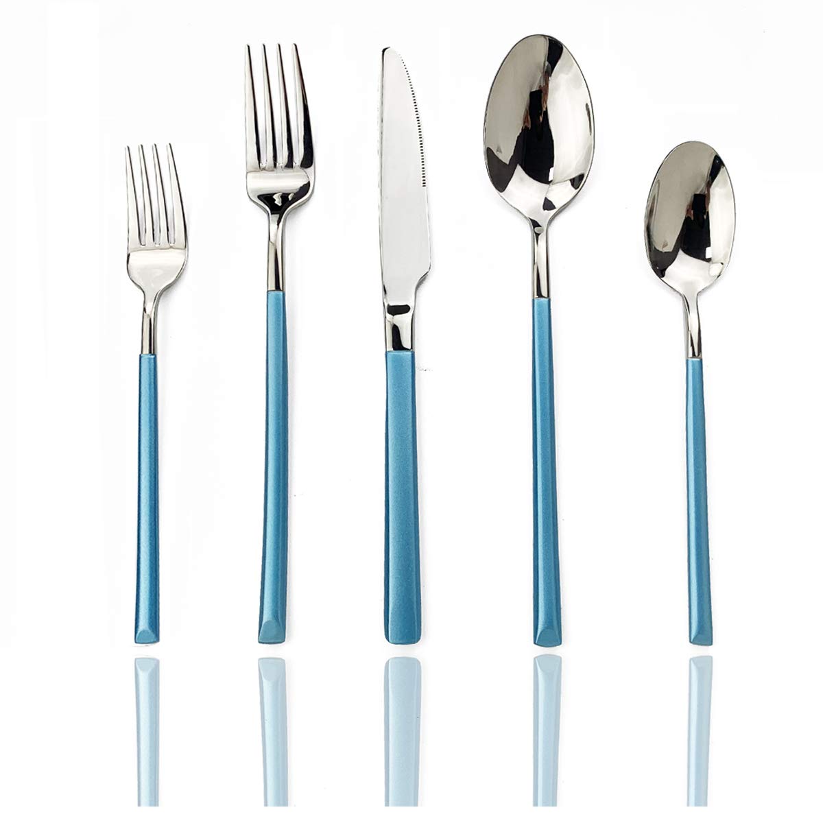 JASHII 5-Piece Modern Silverware Set - 18/10 Stainless Steel Elegant Flatware with Square Edge, Mirror Polished & Dishwasher Safe (Blue Silver) - Perfect for Everyday Dining, Dinner Parties & Kitchen Essentials
