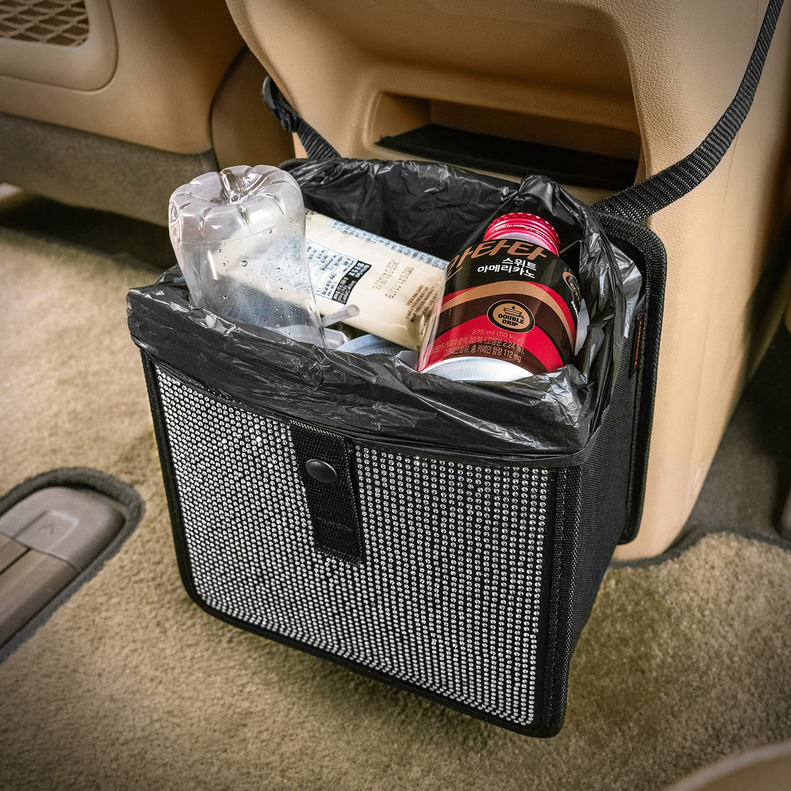 Foldable Hanging Car Trash Can - Vegan Leather & Oxford Fabric Vehicle Garbage Bin for Cars, SUVs, Trucks | Medium Diamond Design | Perfect for Road Trips, Commuting & Keeping Your Car Clean