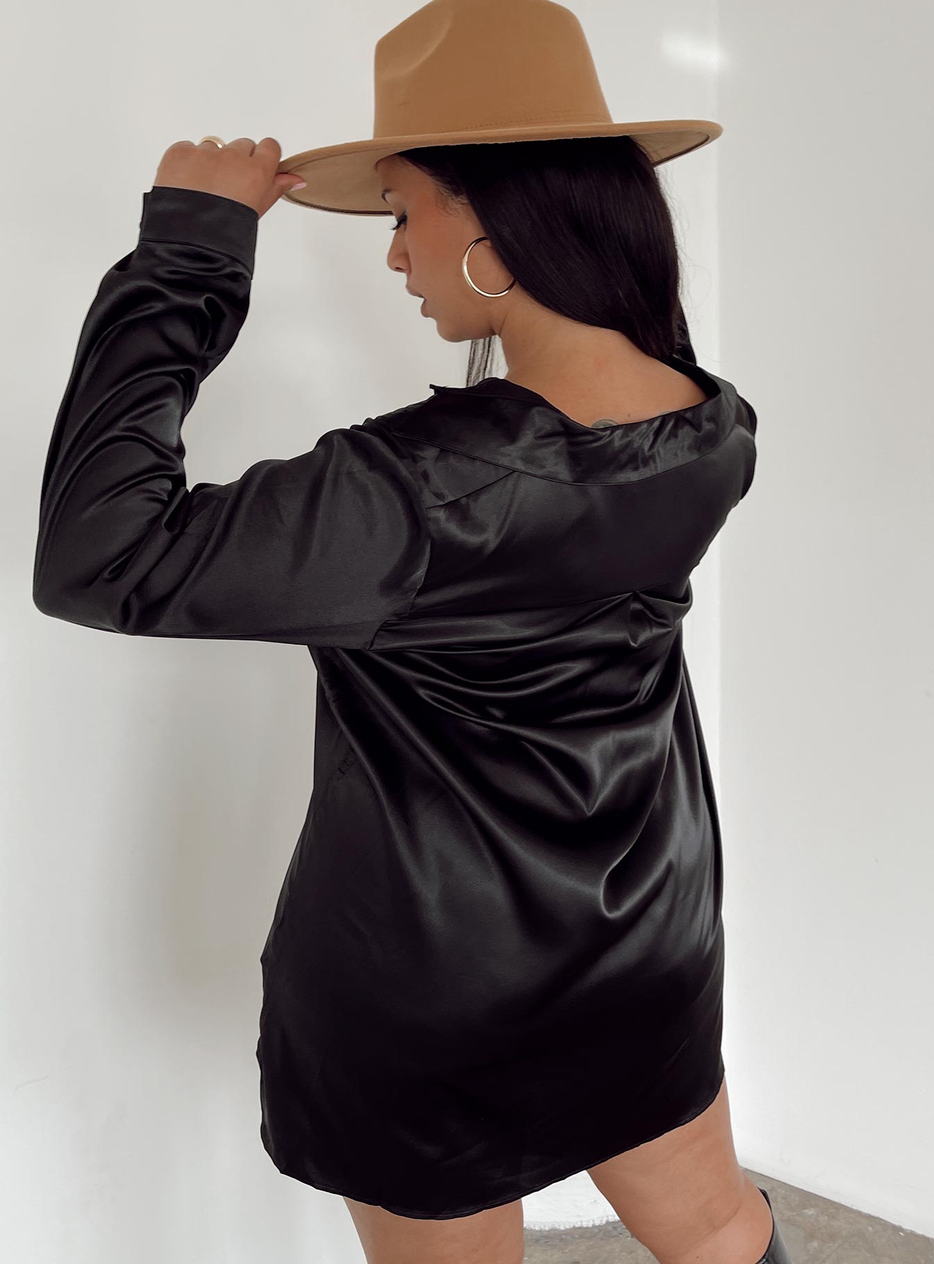 90210 Satin Shirt Mini Dress in Black - Curve Fit for Women | Perfect for Night Out, Party & Date Night