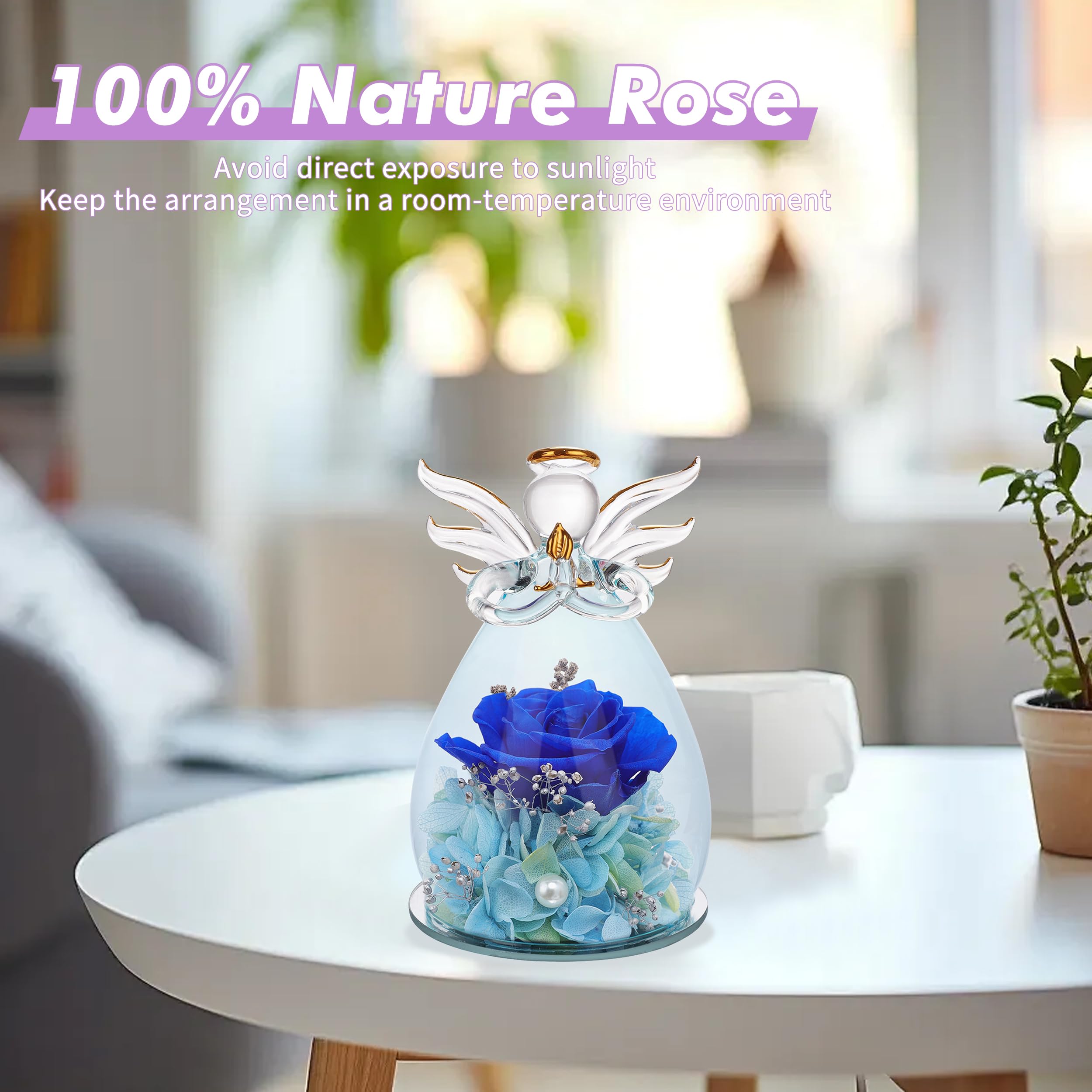 ANLUNOB Preserved Rose with Angel Figurine & 'I Love You' Necklace in 100 Languages - Eternal Flower Gift Set for Birthday, Christmas, Mother's Day & Thanksgiving - Romantic Home Decor & Thoughtful Present for Her