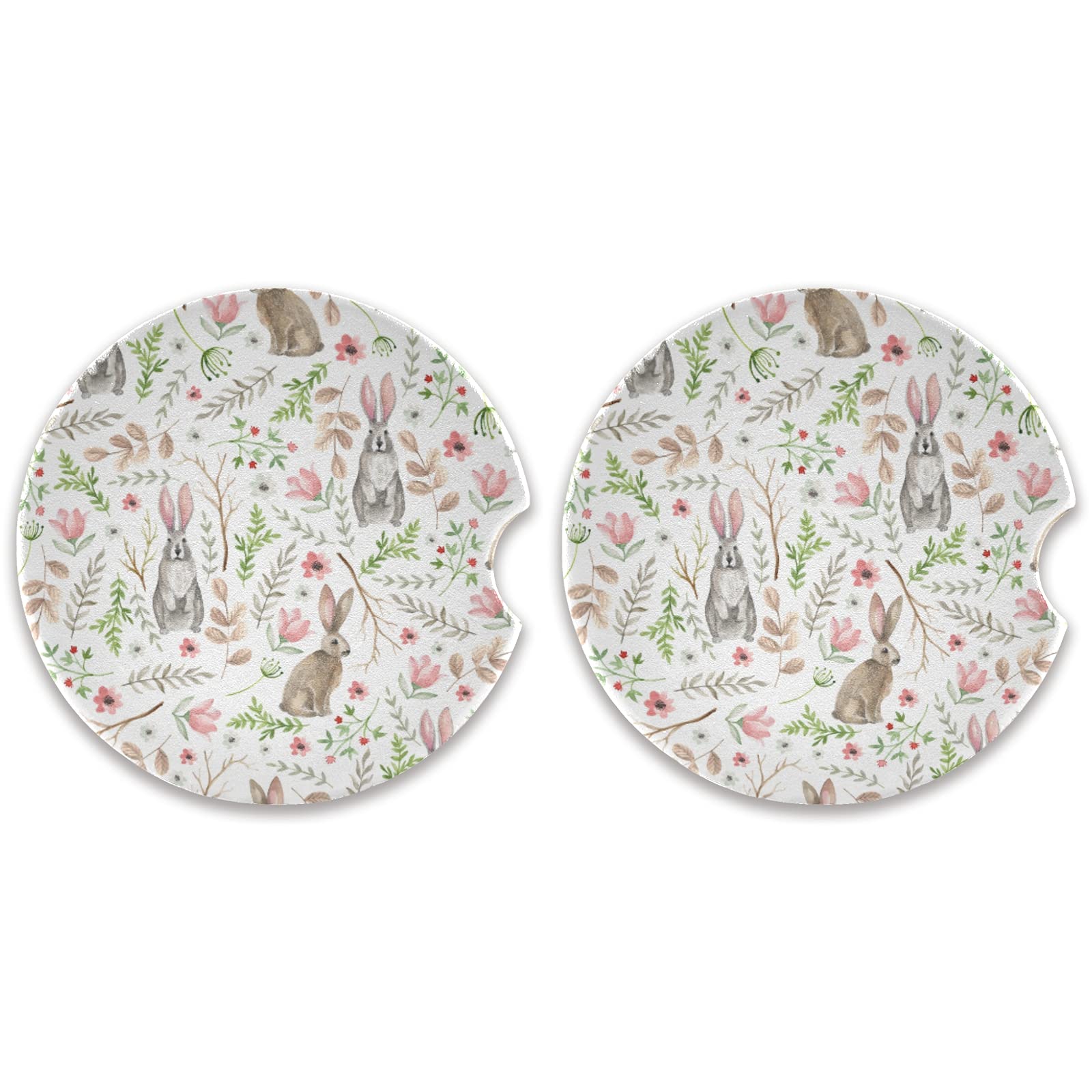 Cute Rabbits Car Coasters 2 Pack - Absorbent Ceramic Stone Cup Holders with Non-Slip Grip for Cars - Perfect for Coffee, Tea & Beverage Spill Protection
