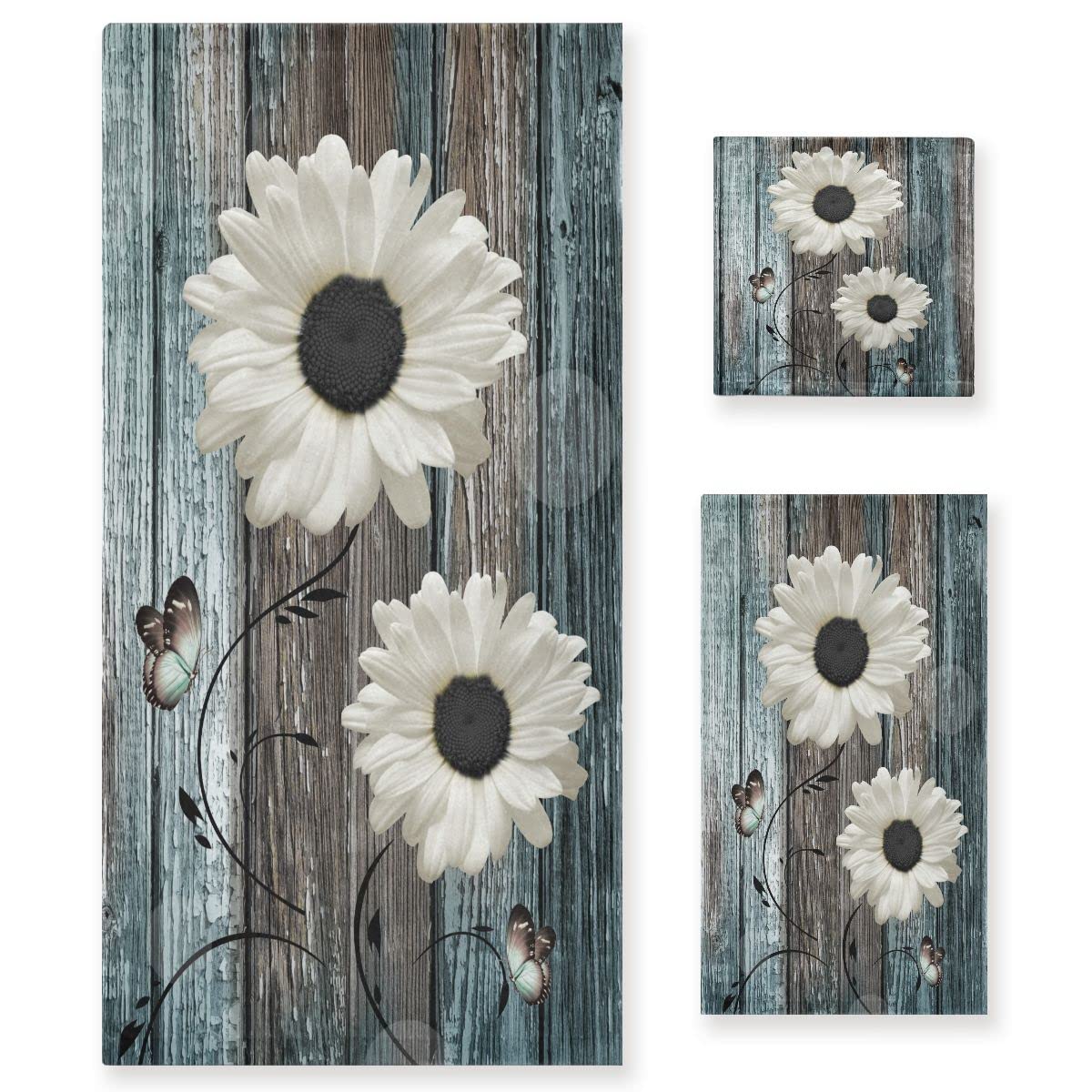 Farmhouse Bath Towels Set - 3 Piece Floral Rustic Daisy Design (1 Bath Towel, 1 Hand Towel, 1 Washcloth) - Soft, Absorbent Cotton for Bathroom & Kitchen - Teal Blue & White Wooden Plank Style - Perfect for Farmhouse Decor, Guest Bathrooms & Cozy Home Use