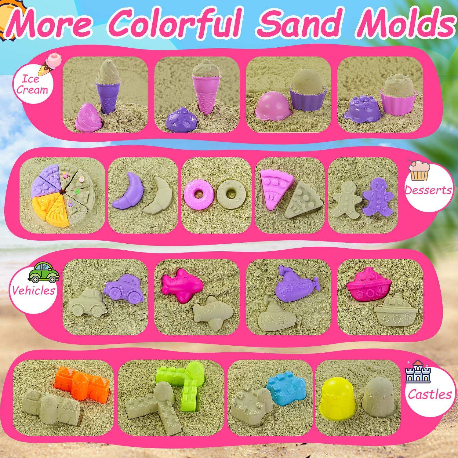 50Pcs Beach Sand Toys Set with 2 Collapsible Buckets, Mesh Backpack, Shovels & Sand Molds (Castle, Ice Cream, Cake) - Outdoor Travel Sandbox Toys for Kids Toddlers Girls - Perfect for Beach Trips, Backyard Play & Summer Activities
