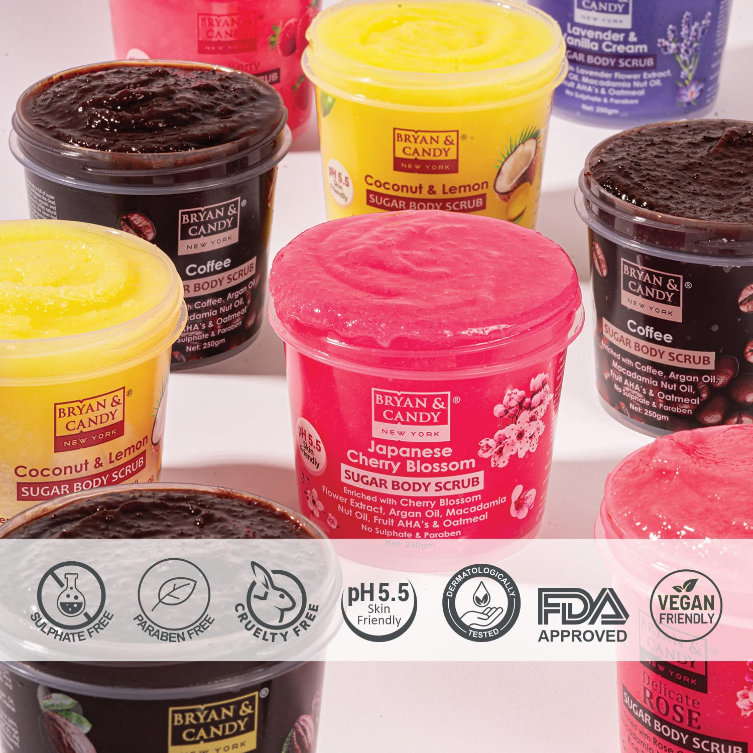 Bryan & Candy Cherry Blossom Sugar Body Scrub - PH 5.5 Exfoliating Scrub for Tan Removal & Dead Skin | Enriched with Macadamia & Argan Oil | Gentle Exfoliation for Knees, Elbows & Ankles | Unisex Skincare - 250g | Perfect for Post-Workout Refresh & Pre-Self Care Routine