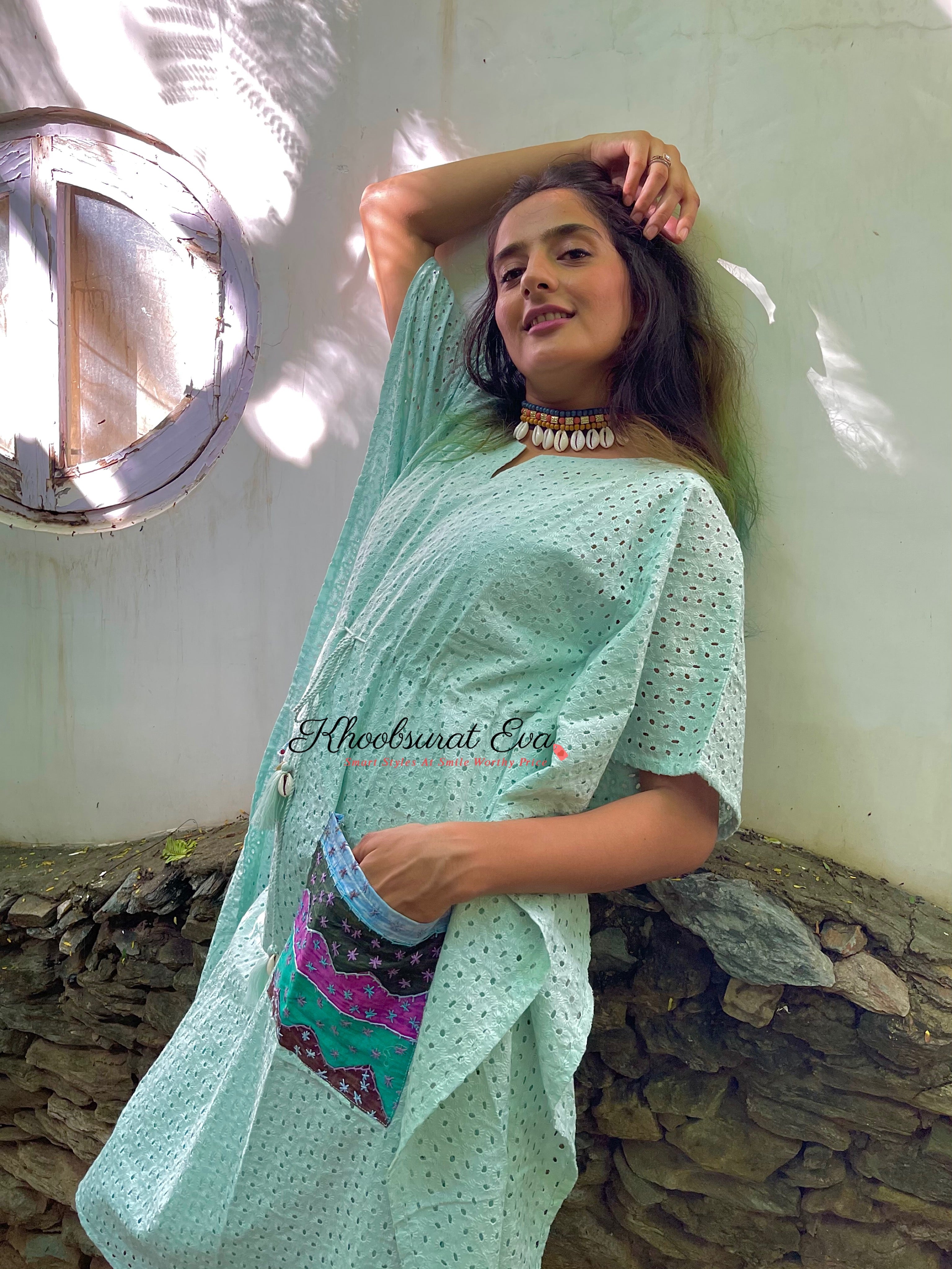Pastel Blue Chikankari Kaftan Dress - Elegant Embroidered Cotton Maxi Dress for Women | Perfect for Beach, Vacation & Summer Outfits