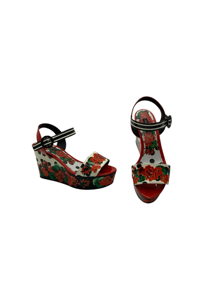 Dolce & Gabbana Geranium Flower Wedge Sandals Women's Size 38.5 (US 8.5) - Elegant Summer Wedges for Beach Parties & Date Nights
