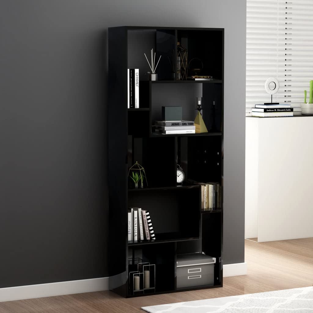 Natulvd Tree-Shaped Bookcase - 8 Compartment Wooden Bookshelf Organizer, Modern Open Storage Shelf for Home & Office - Black Gloss Finish | Perfect for Living Room, Bedroom, Study & Kids Room Decor
