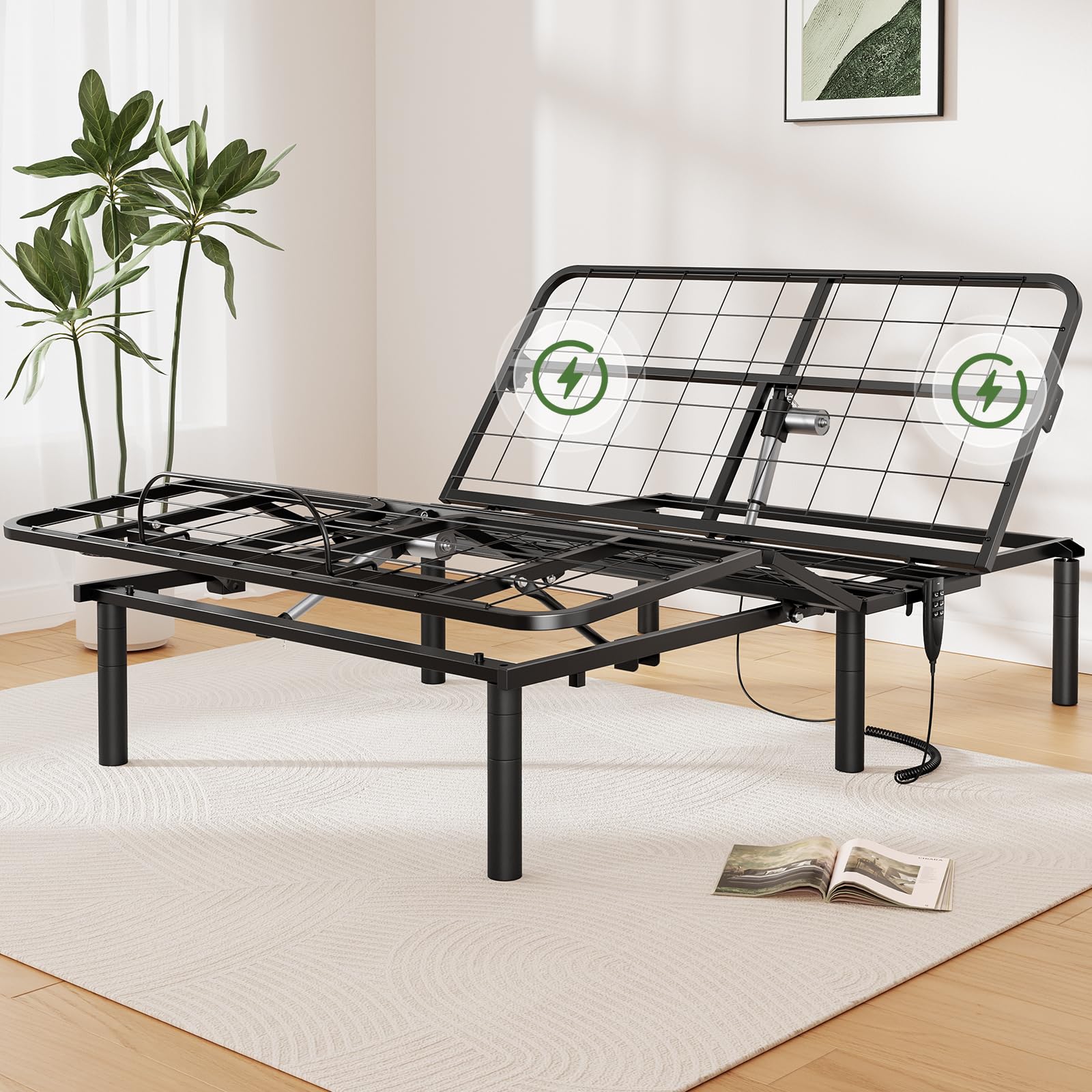 Marsail Queen Adjustable Bed Base Frame - 4 Height Settings, Dual USB Charging Ports, Easy 5-Min Assembly | Perfect for Lounging, Reading, Snoring Relief & Acid Reflux | Home Bedroom Upgrade for Comfort & Health