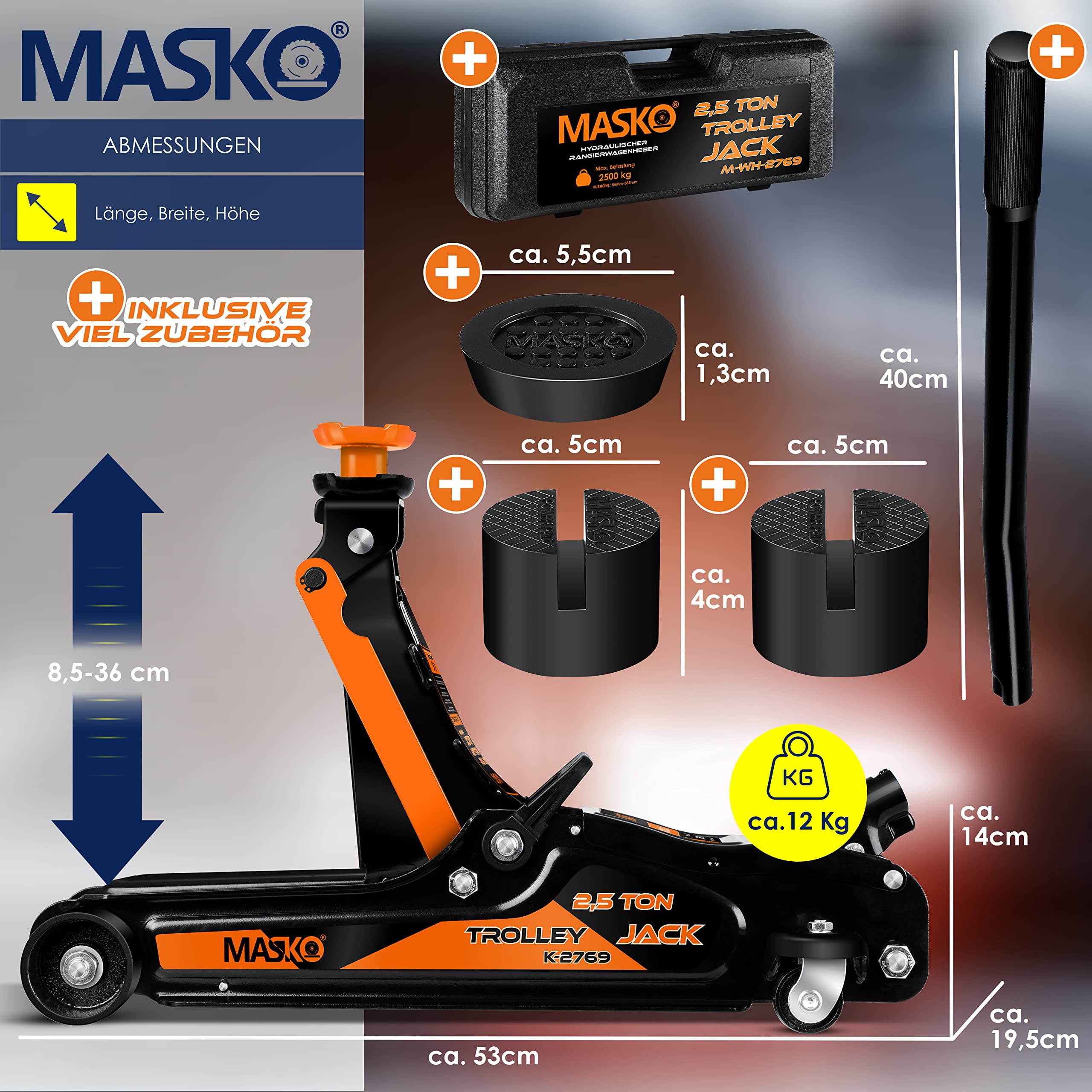 MASKO® 2.5 Ton Hydraulic Floor Jack with Case - 85-360mm Lift Height, Includes 3X Rubber Pads & Gloves - 360° Swivel Wheels Car Jack for Vehicle Maintenance, Tire Change, Garage Use