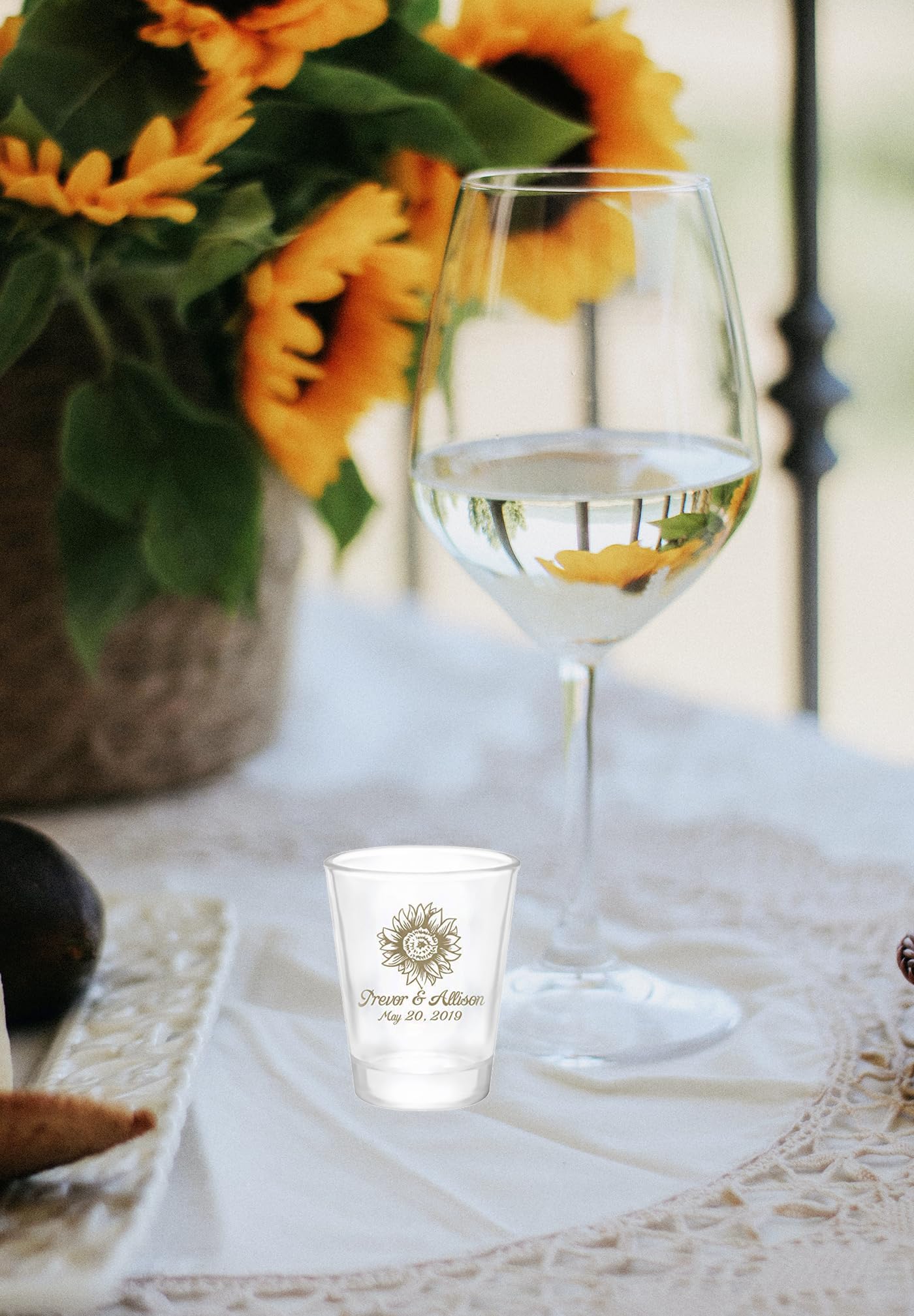Personalized Frosted Wedding Shot Glasses - Sunflower Design Bulk Favors for Rustic Country Weddings - Perfect for Bridal Showers, Rehearsal Dinners & Wedding Reception Party Decor