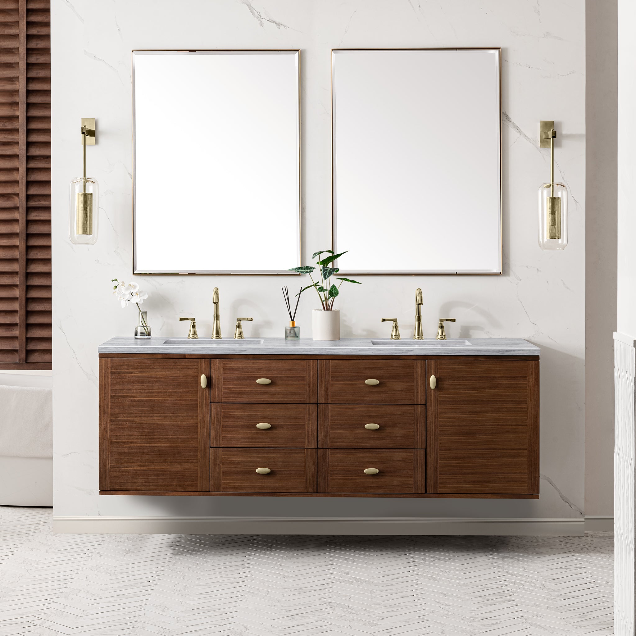 Amberly 72 Inch Double Vanity with 3CM Arctic Fall Top - Mid Century Modern Walnut Bathroom Vanity for Master Bath & Guest Bathroom