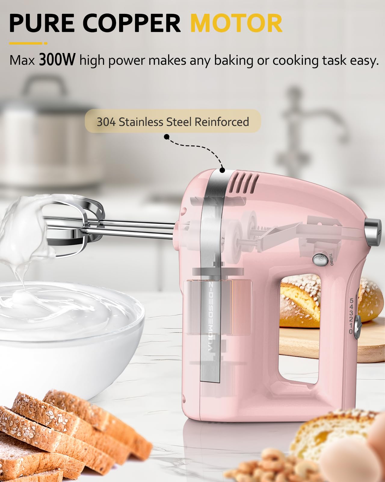 300W Powerful Electric Hand Mixer with 304 Stainless Steel Beaters & Dough Hook - Turbo Speed Handheld Mixer for Baking Cakes, Whipping Cream, Mixing Eggs - Perfect for Home Kitchen, Professional Baking & Dessert Making (Pink)