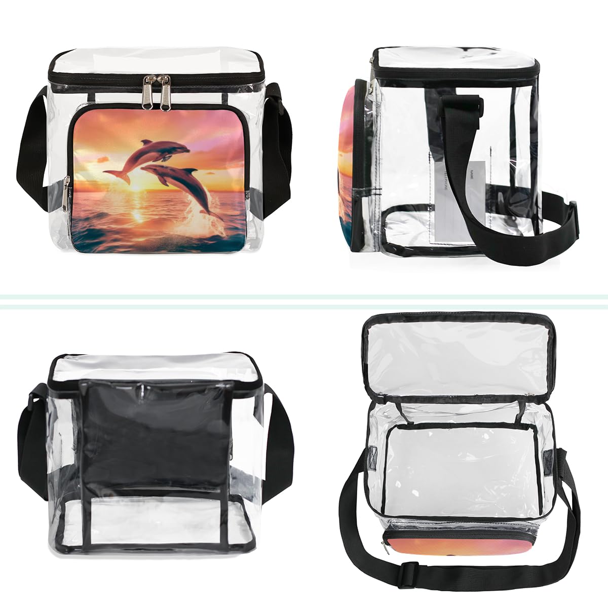 Dolphin Print Clear Tote Bag with Handles - Transparent Crossbody Shoulder Beach Bag for Lunch, Outdoor, Travel, Picnic, Concerts & Sports Events | Stadium Approved Waterproof PVC Bag for Women & Kids | Perfect for Beach Days, Pool Parties & Summer Outings