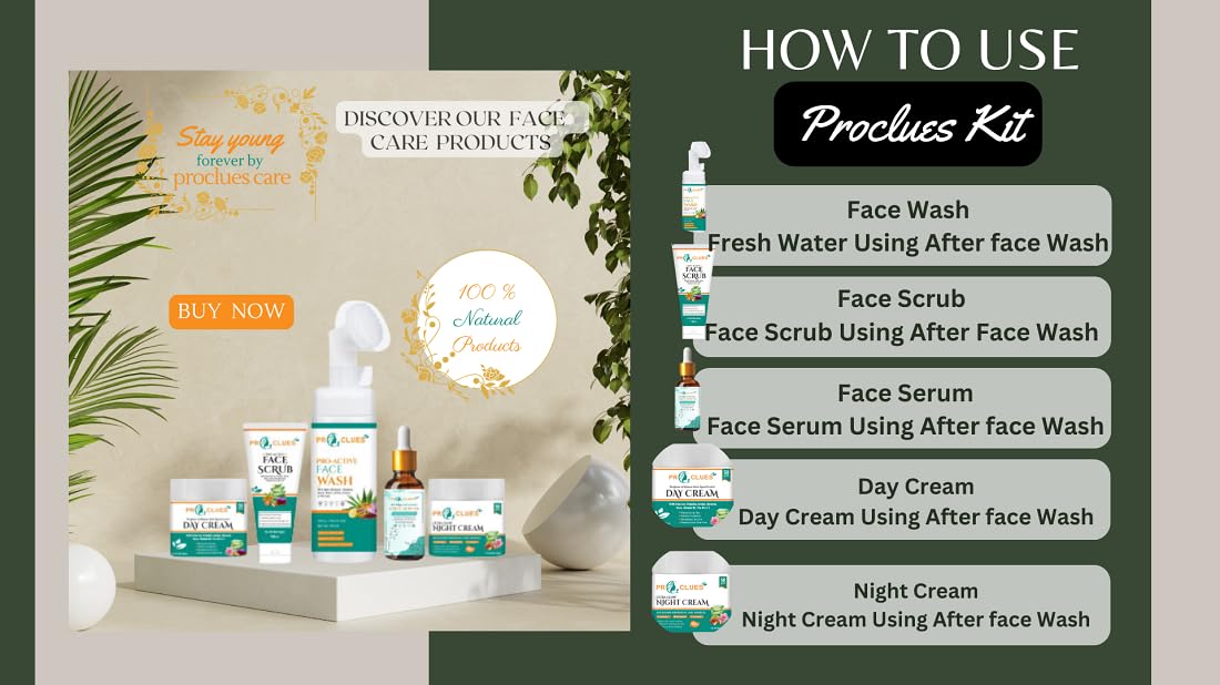 Proclues Daily Skin Care Gold Facial Kit with Pure Turmeric, Aloe Vera, Vitamin C, Neem & Saffron – Includes Face Wash (150ml), Scrub (100ml), Serum (50ml) and Day & Night Cream (50g) – 5-Piece Set for Glowing Skin – Perfect for Daily Skincare Routine & Spa-Like Treatment at Home
