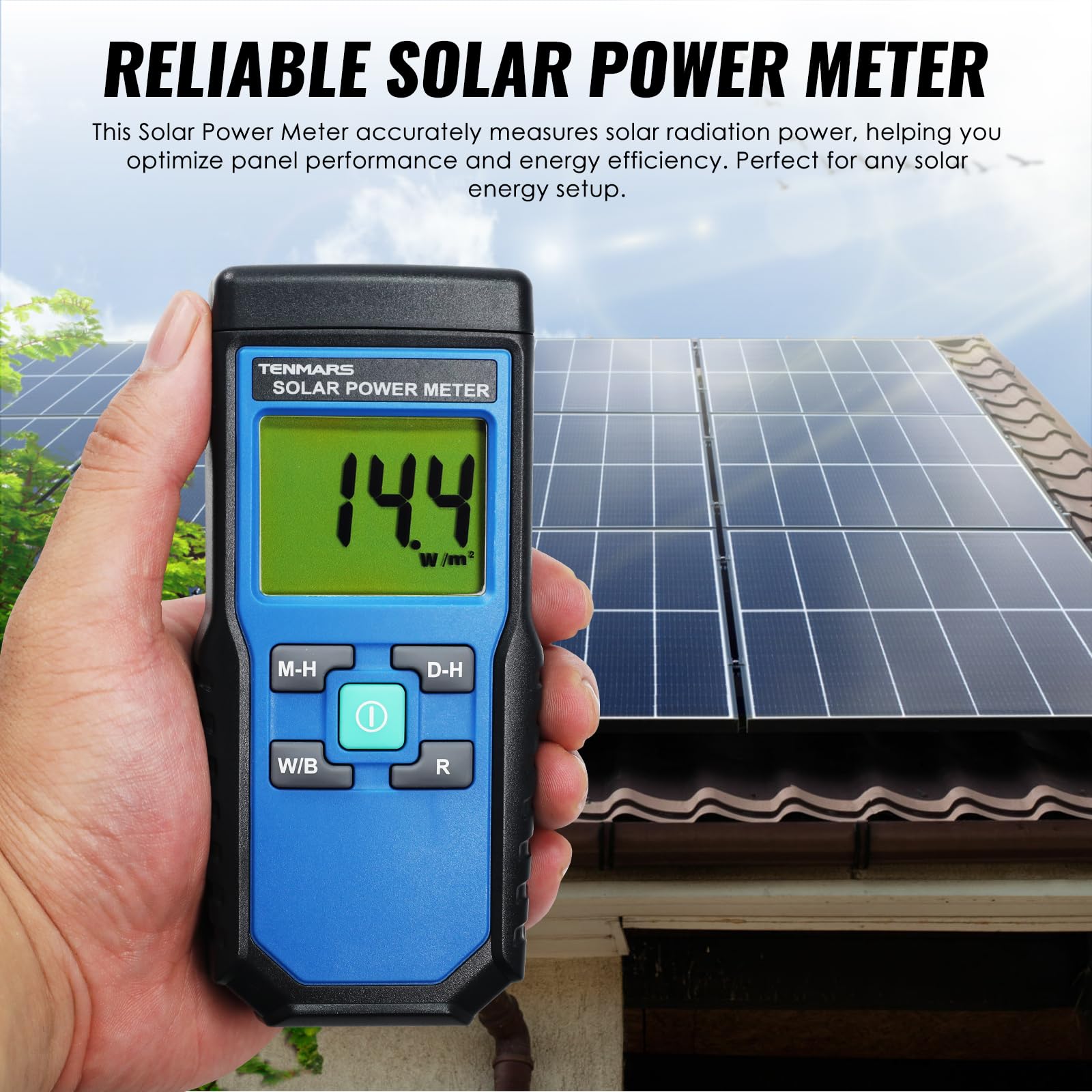 Solar Power Meter - Handheld Digital Solar Irradiance Meter with 2000W/m² & 634BTU/(ft²·h) Range, MAX/MIN/Data Hold - Perfect for Solar Panel Testing, Renewable Energy Research & Sunlight Measurement