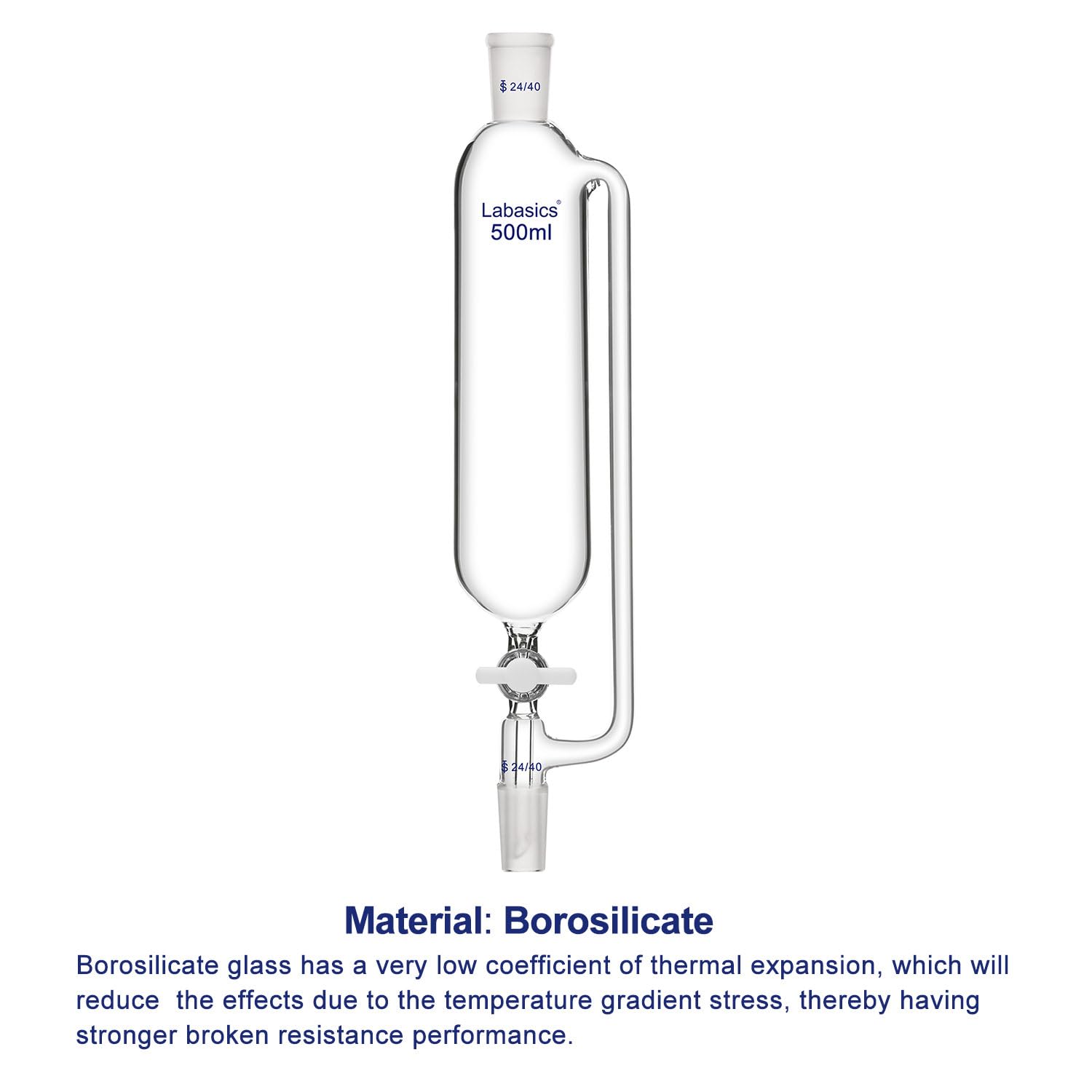 Labasics 500ml Borosilicate Glass Pressure Equalizing Addition Funnel with 24/40 Joint & PTFE Stopcock - Premium Lab Equipment for Chemical Experiments, Distillation & Precise Liquid Transfer