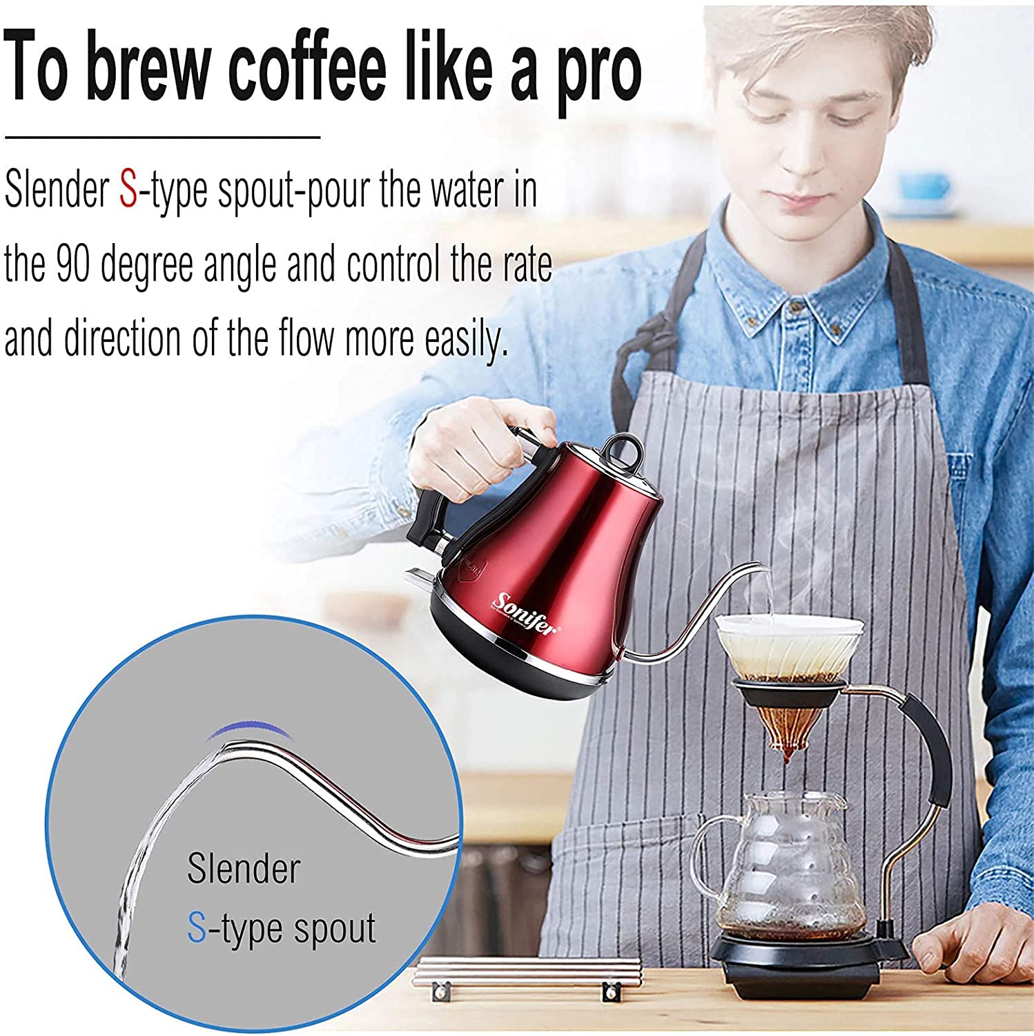 1.2L Electric Gooseneck Kettle - 1500W Fast Boiling, 304 Stainless Steel, Red - Perfect for Coffee, Tea & Office Use - Safe for Home & Commercial Kitchens