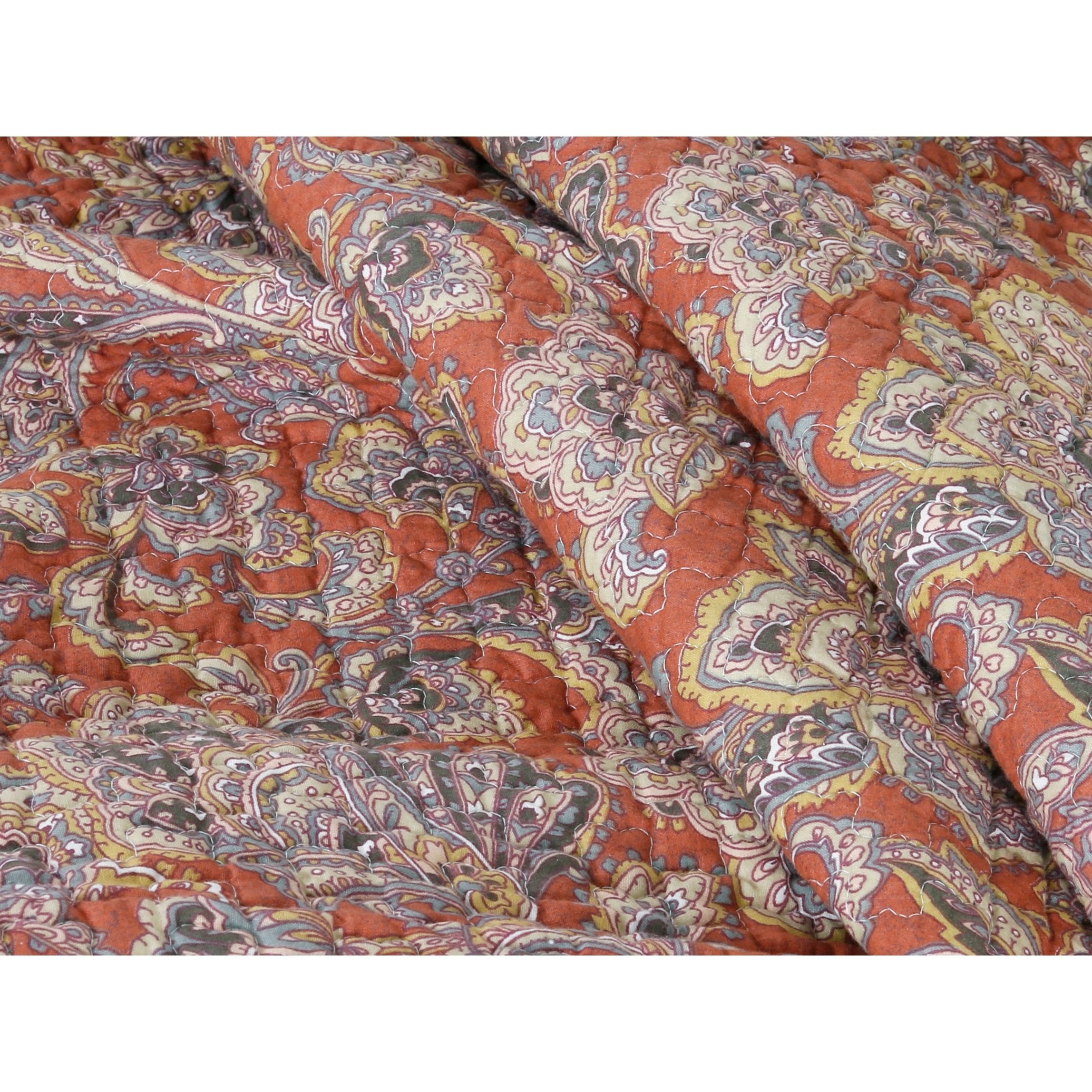 3 Piece Exotic Paisley Medallion Quilt Set Full/Queen Size - Leafy Vines Tribal Mandala Flowers Bedding with Lush Earthy Nature Pattern - Rustic Oriental Artwork Design in Orange & Grey - Perfect for Bohemian, Eclectic or Global Inspired Bedrooms
