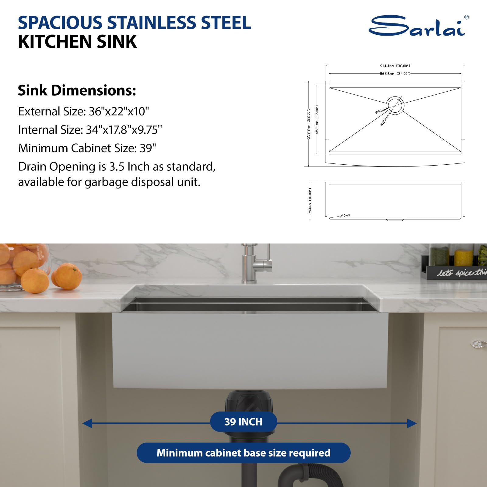 36-Inch Farmhouse Kitchen Sink - 16 Gauge Stainless Steel Apron Front Single Bowl Undermount Sink with Ledge Workstation (36x22 Inch) | Perfect for Modern Farmhouse, Rustic & Luxury Kitchen Designs