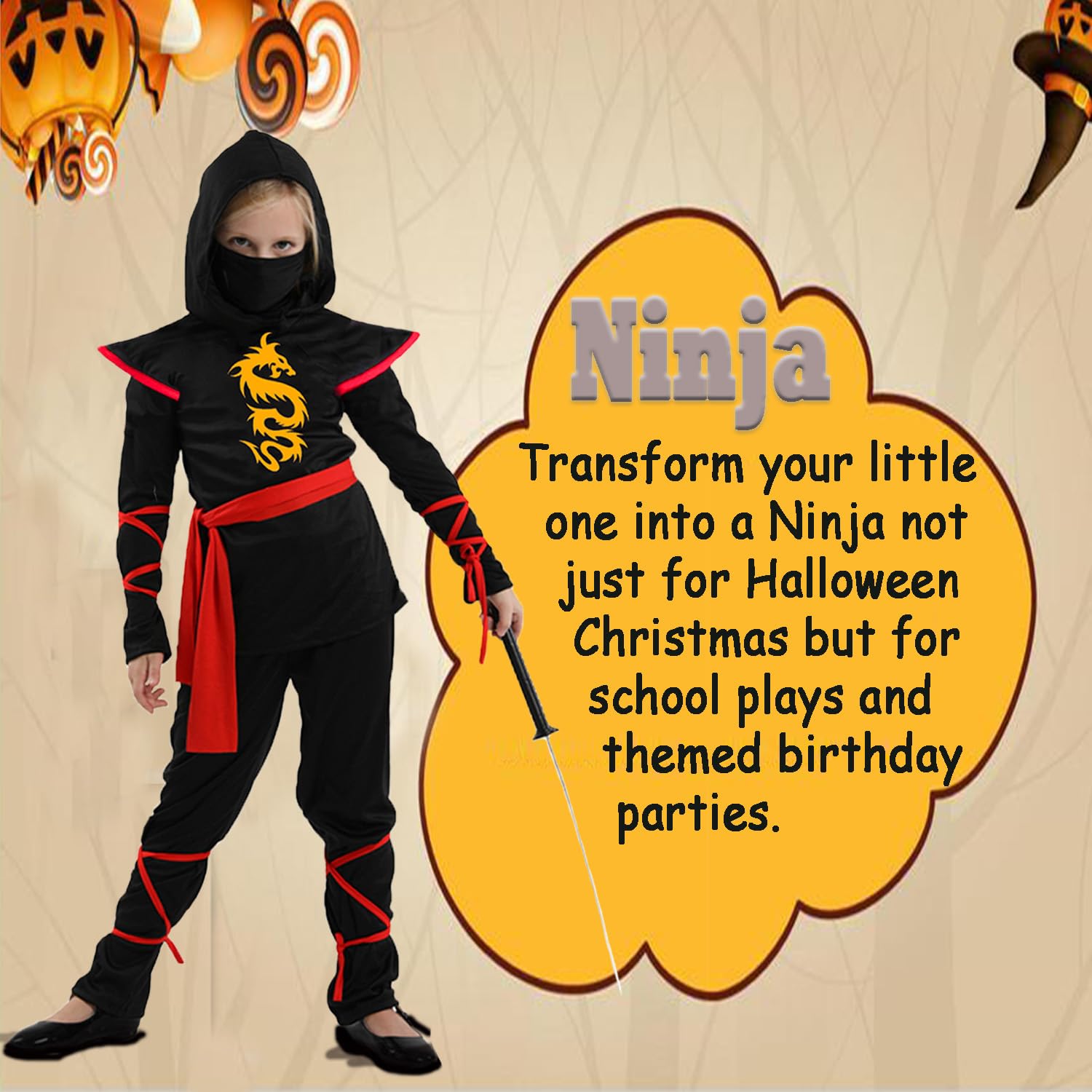 Boys Ninja Costume Set for Halloween - Kids Ninja Warrior Outfit with Mask & Belt - Perfect for Halloween Parties, Cosplay & Dress-Up Play