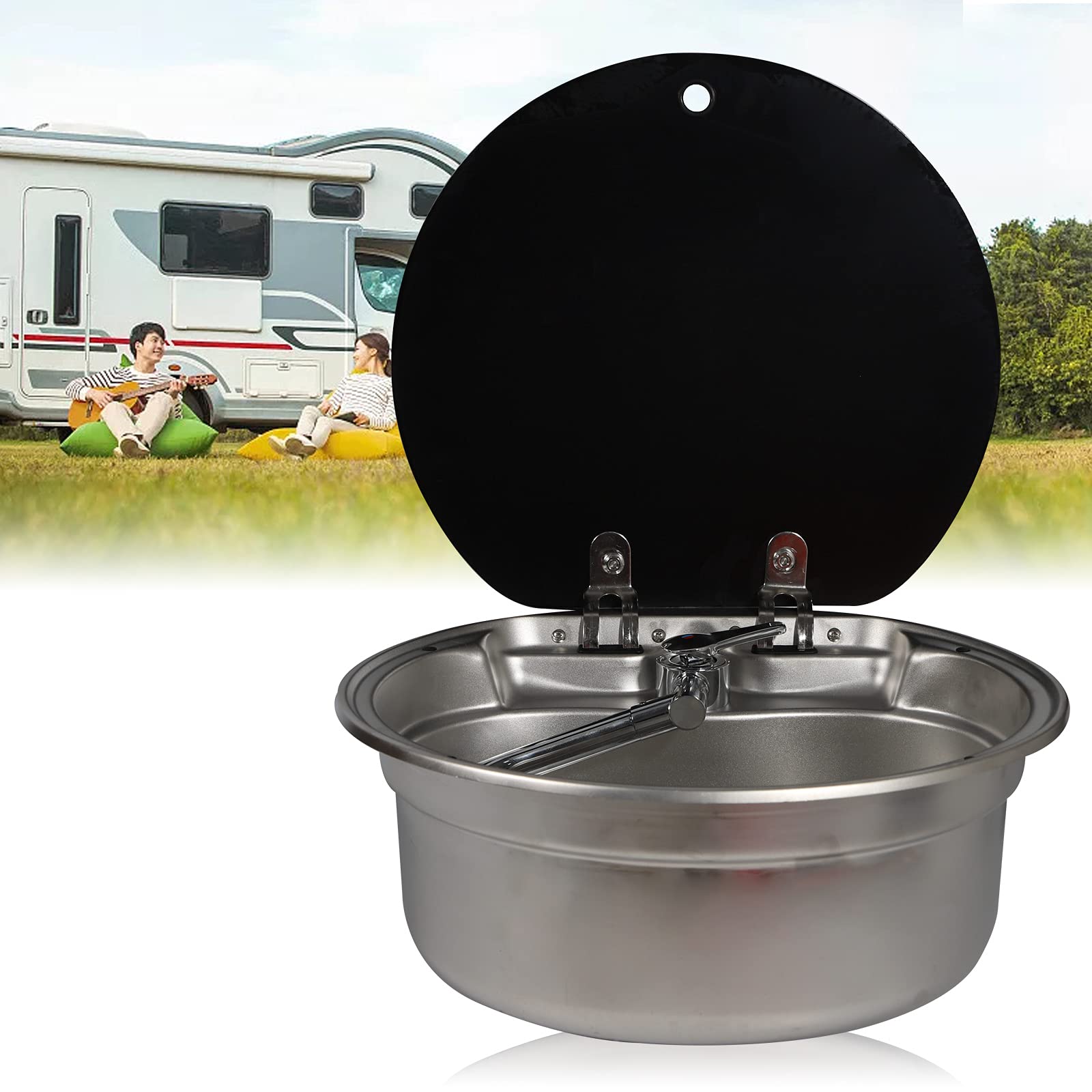 Stainless Steel RV Kitchen Sink with Foldable Faucet & Tempered Glass Cover - Perfect for RV, Caravan, Boat & Tiny House Living | Durable & Space-Saving Design