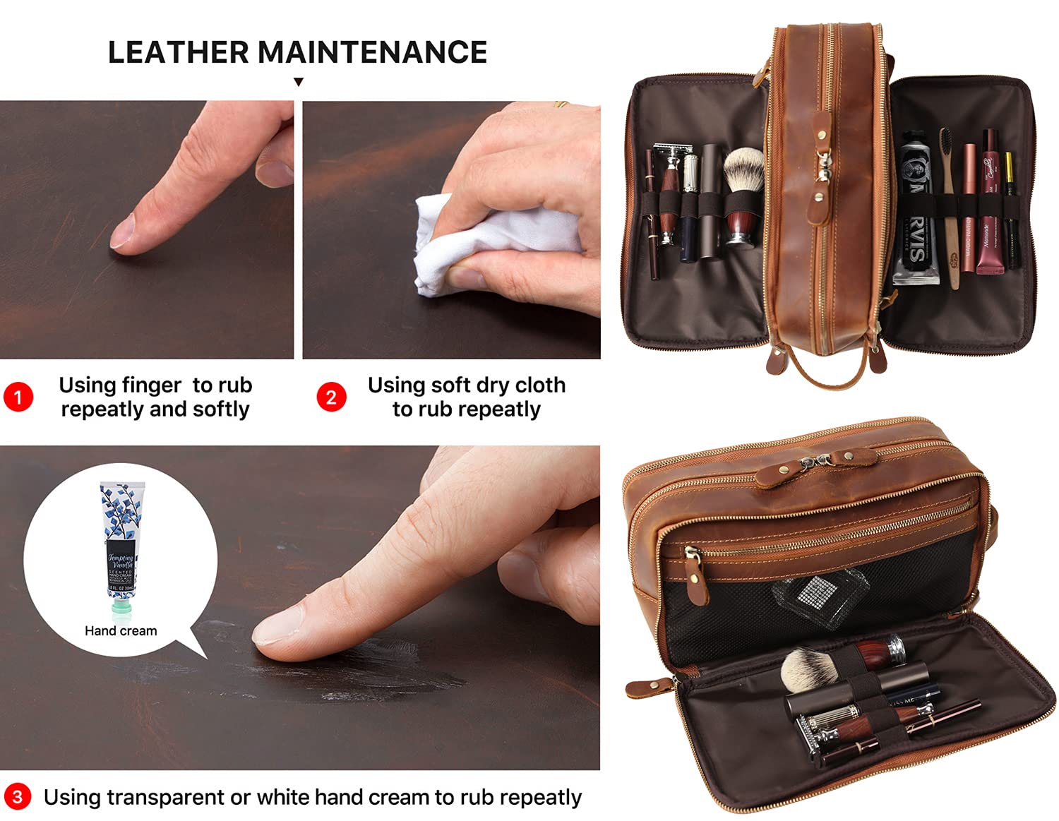 Premium Full Grain Leather Toiletry Bag for Men - Personalized Travel Shaving Dopp Kit, Large Cosmetic Organizer with Monogram Option (Coffee Brown) - Perfect for Business Trips, Gym Essentials & Bathroom Storage