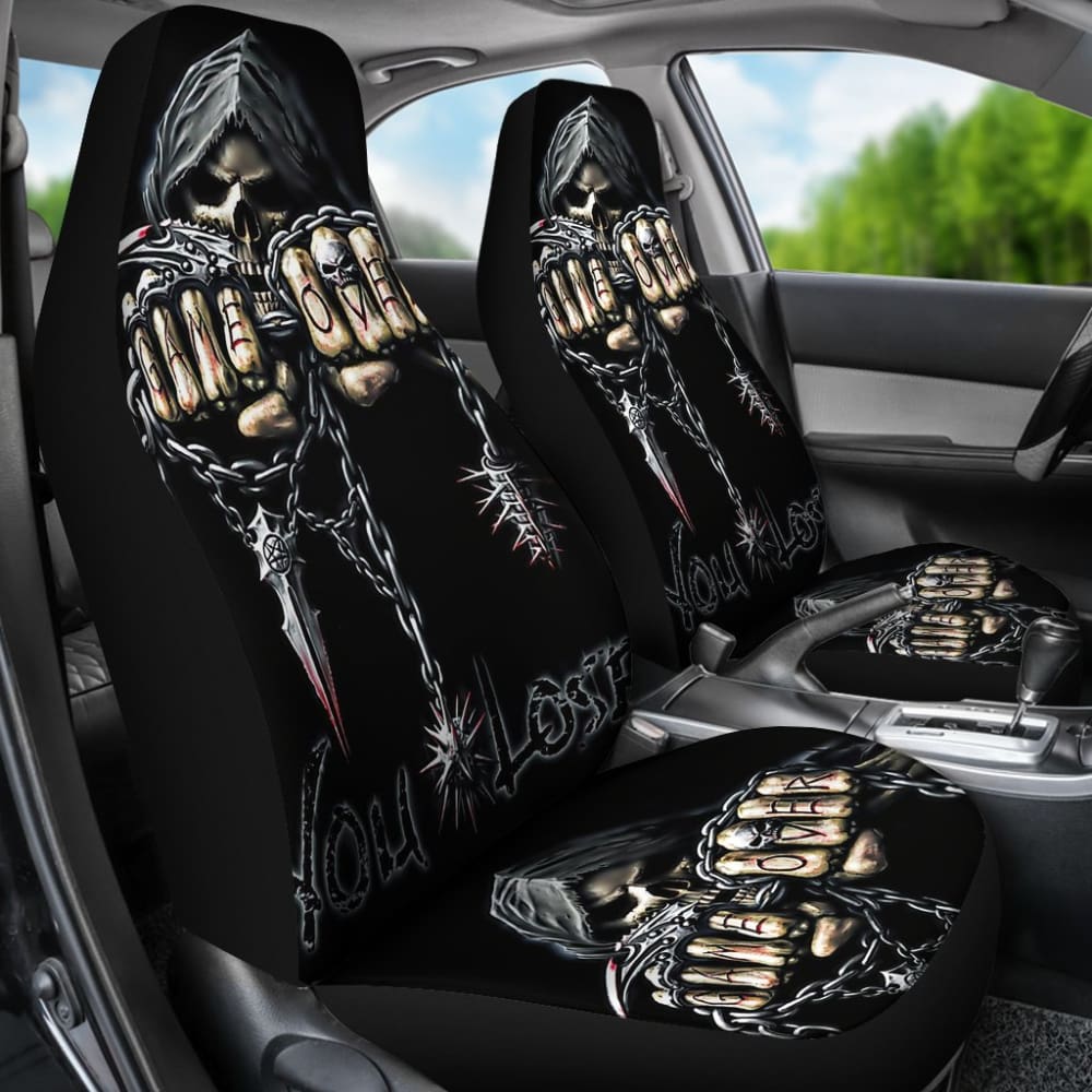 2 Pcs Gothic Game Over Skull Car Seat Covers - Universal Fit for Cars, Trucks & SUVs - Unique Skull Design for Gamers & Horror Fans - Perfect for Halloween, Cosplay & Car Shows