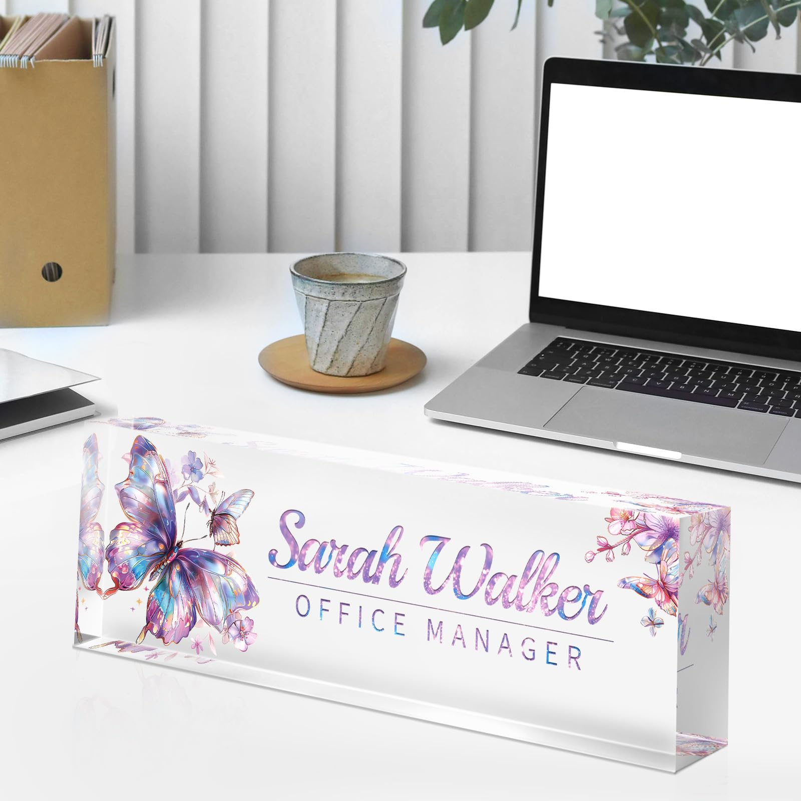 Personalized Acrylic Desk Name Plate - Custom Office Name Sign for Coworkers, Employees, Teachers & Bosses - Elegant Purple Gilt Butterfly Design - Perfect for Appreciation Gifts & Office Decor (Ideal for Workspace Organization & Professional Gifting)