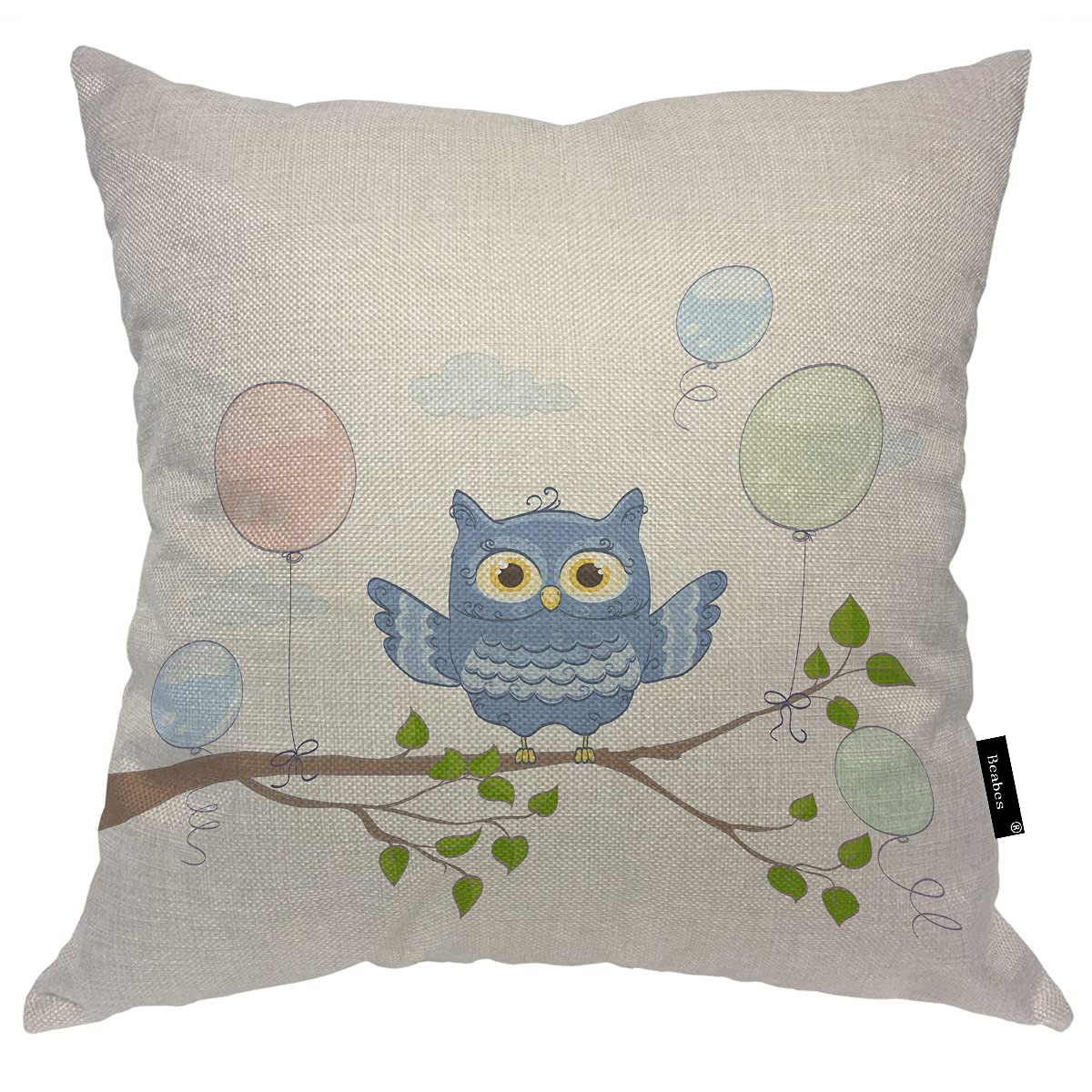 Beabes Owl on Tree Branch Throw Pillow Cover - 20x20 Inch Cute Bird Wings Balloons Forest Leaf Cotton Linen Cushion Case for Bedroom, Dorm & Office - Perfect for Home Decor, Sofa Accent & Cozy Reading Nook