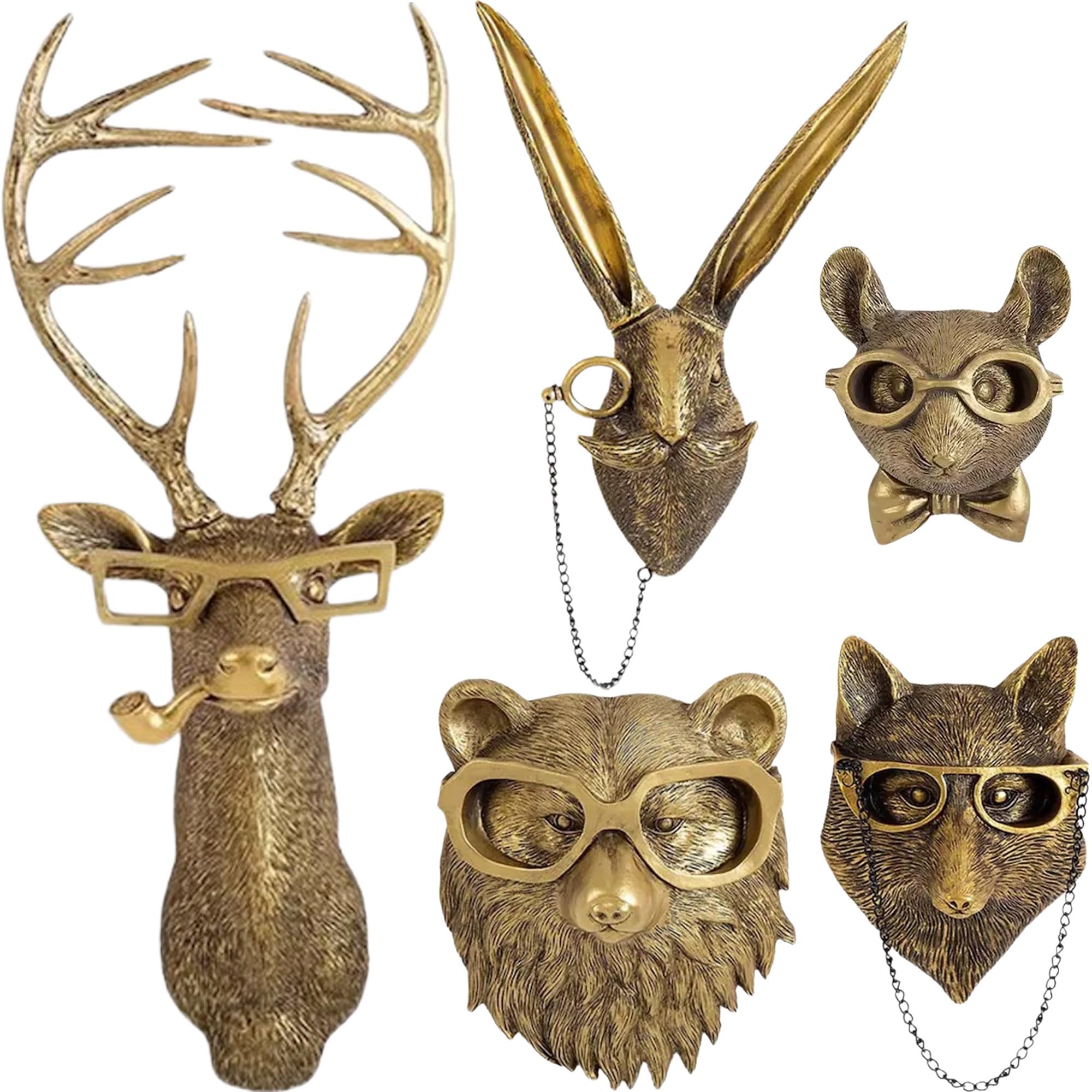 5 Pack Gold Animal Head Wall Decor - Modern Sculpture for Home, Office, Bedroom | Unique Gift for Men & Women | Perfect for Farmhouse, Rustic & Contemporary Interior Design