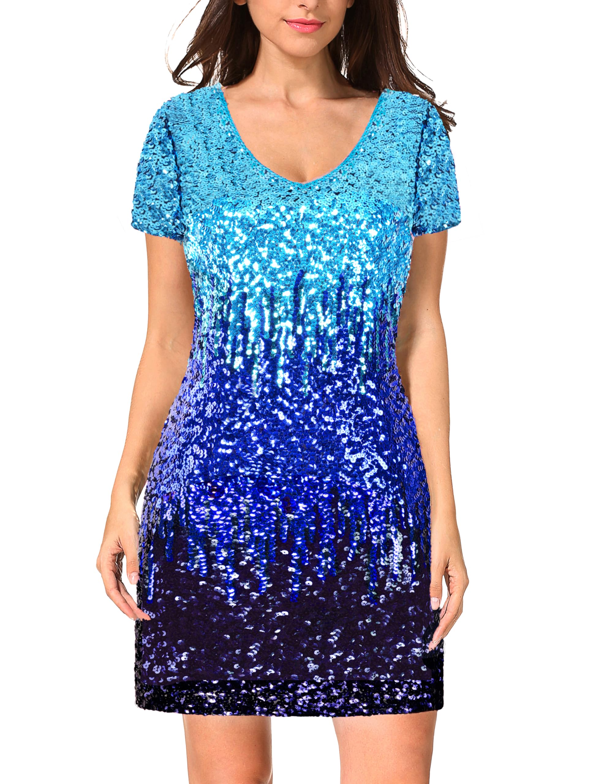 MANER Women's Sequin Glitter Short Sleeve Bodycon Dress - Sexy V Neck Mini Party Club Dress in Sky Blue/Royal Blue/Navy Blue, XX-Large | Perfect for Night Out, Cocktail Party, Date Night & Special Occasions