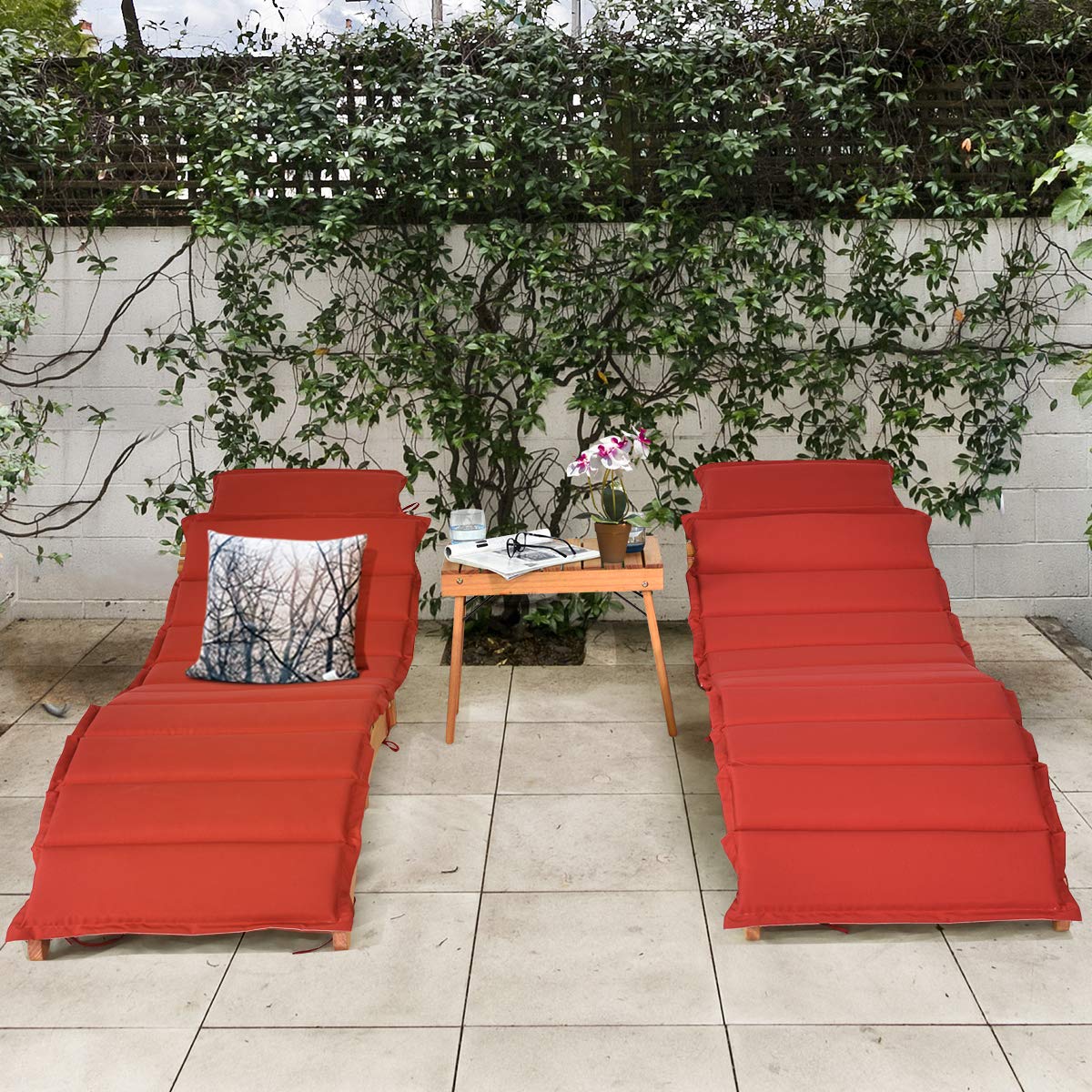 Folding Chaise Lounge Chair with Adjustable Headrest - Outdoor Patio Wooden Bench with Double-Sided Cushion - Perfect for Garden, Lawn, Backyard & Poolside Relaxation
