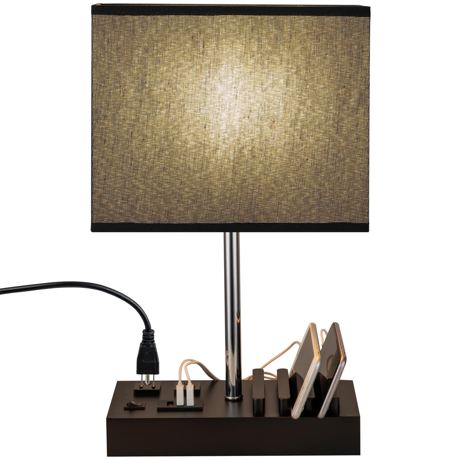 Briever USB Table Lamp with 2 AC Outlets & 3 USB Ports - Multi-Functional Bedside Desk Lamp with Wooden Phone Stand - Modern Nightstand Lamp for Bedroom, Office, Dorm - Black Shade (Perfect for Reading, Charging Devices & Organizing Small Spaces)