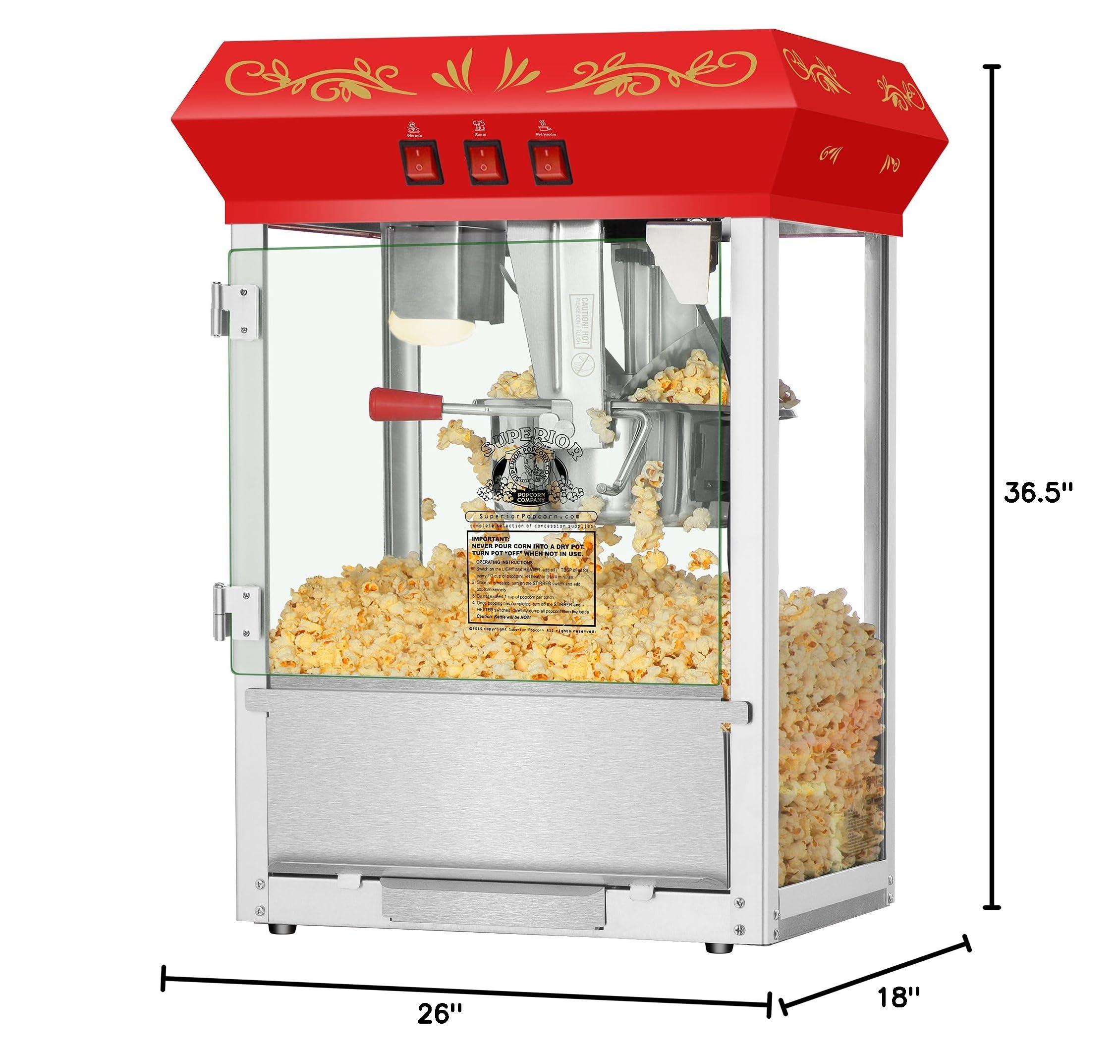 Superior Popcorn Machine 3 Gallon with 8oz Kettle - Commercial Countertop Popcorn Popper with Warming Tray & Scoop - Perfect for Movie Nights, Parties, and Concession Stands (Red)