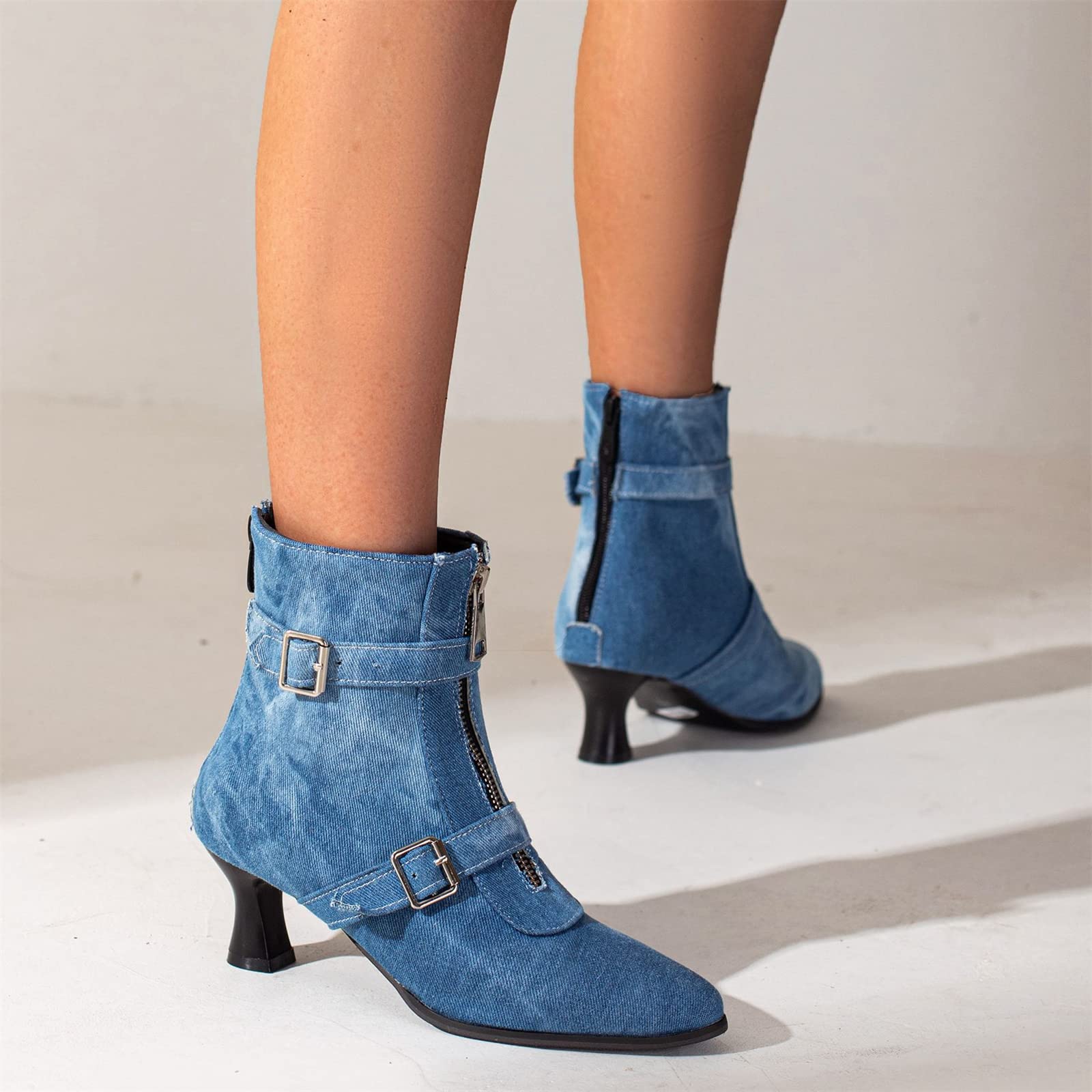 Elbslutt Women's Low Kitten Heel Booties - Pointed Toe Ankle Boots with Zip & Buckle Strap - Dress Shoes for Office, Party & Night Out