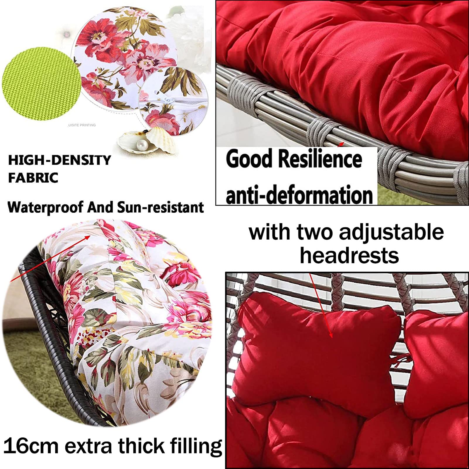 Waterproof & Detachable 2-Person Hammock Swing Chair Cushion Replacement - Double Egg Chair Seat Pad for Indoor/Outdoor Use - Perfect for Garden, Patio, Balcony & Backyard Relaxation (Orange)