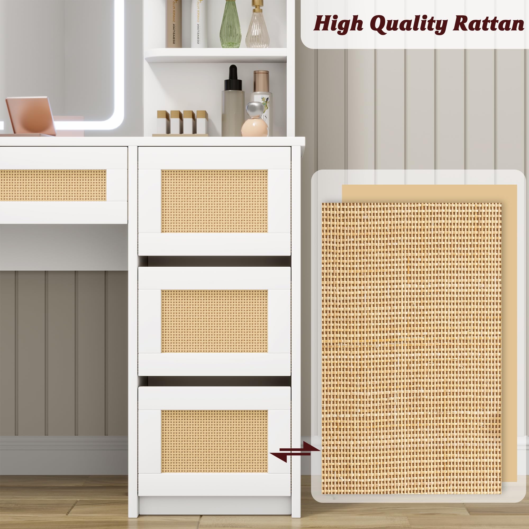 GAOMON White Rattan Makeup Vanity Desk with Mirror & LED Lights - 4 Drawers & 3-Tier Open Shelves for Storage - Boho Style Vanity Table for Bedroom, Dressing Room & Beauty Salon - Perfect for Makeup Organization & Home Decor