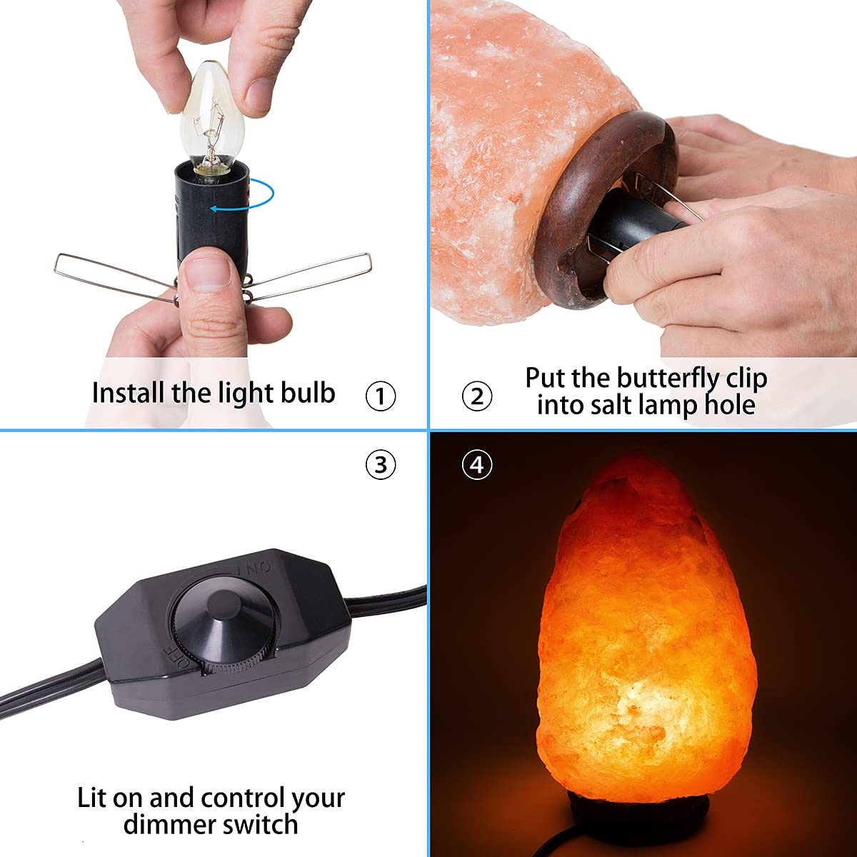 Salt Lamp Cord Replacement with Dimmer Switch - 5ft Power Cord & 6-Pack 15W Halogen Bulbs for Himalayan Salt Lamps - Perfect for Home, Office, and Spa Relaxation