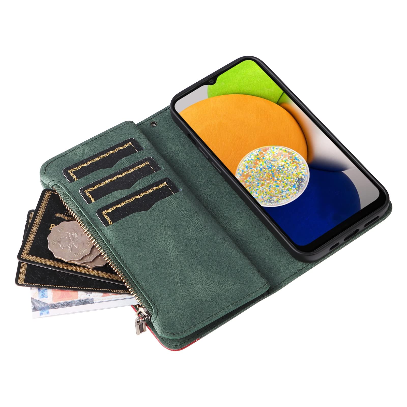 Samsung Galaxy A03 Wallet Phone Case - 9 Card Slots with Zipper Closure, Wrist Strap & Protective Flip Cover (Green) - Perfect for Daily Use, Travel & Hands-Free Convenience