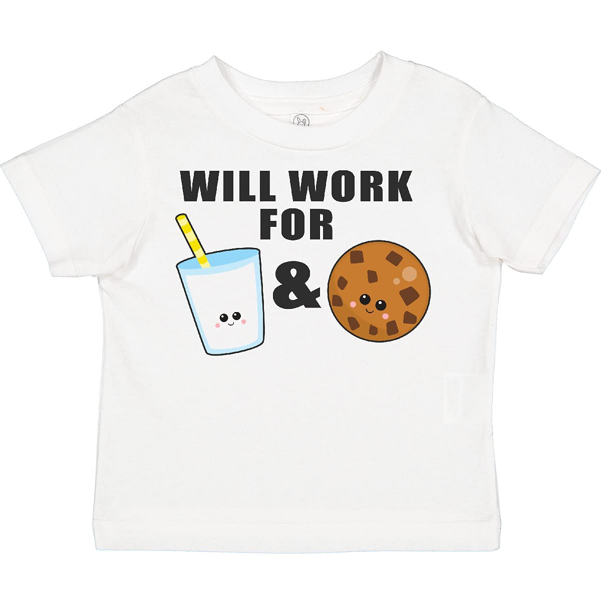Inktastic Will Work for Milk and Cookies Funny Toddler T-Shirt - Cute Baby Boy & Girl Graphic Tee for Playdates, Daycare & Family Photos